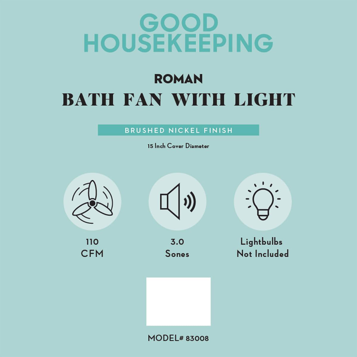 Good Housekeeping Roman Bathroom Ventilation Fan with Light, Nickel (Open Box) - VMInnovations