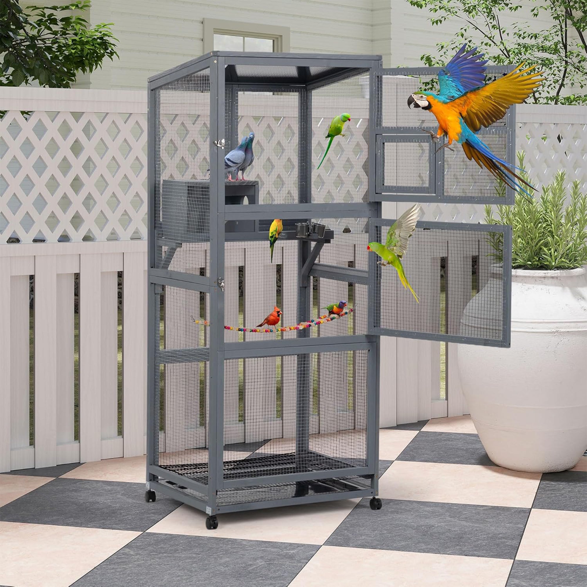 COZIWOW 68" H Large Wooden Bird Cage on Wheels, Outdoor Aviary Indoor Birdcage - VMInnovations