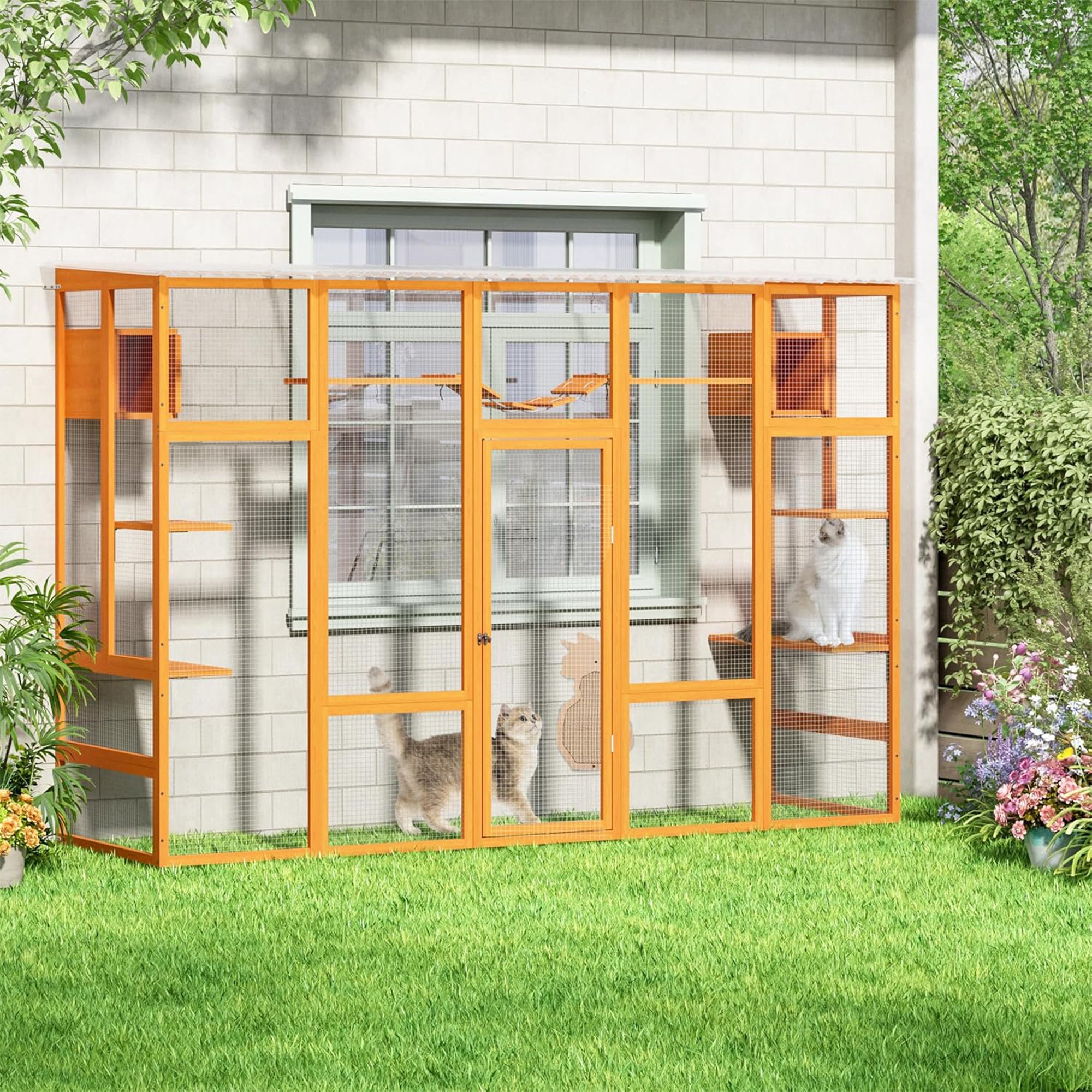 COZIWOW Outdoor Cat Catio w/ Window Access, Weatherproof Wood Enclosure, Orange - VMInnovations