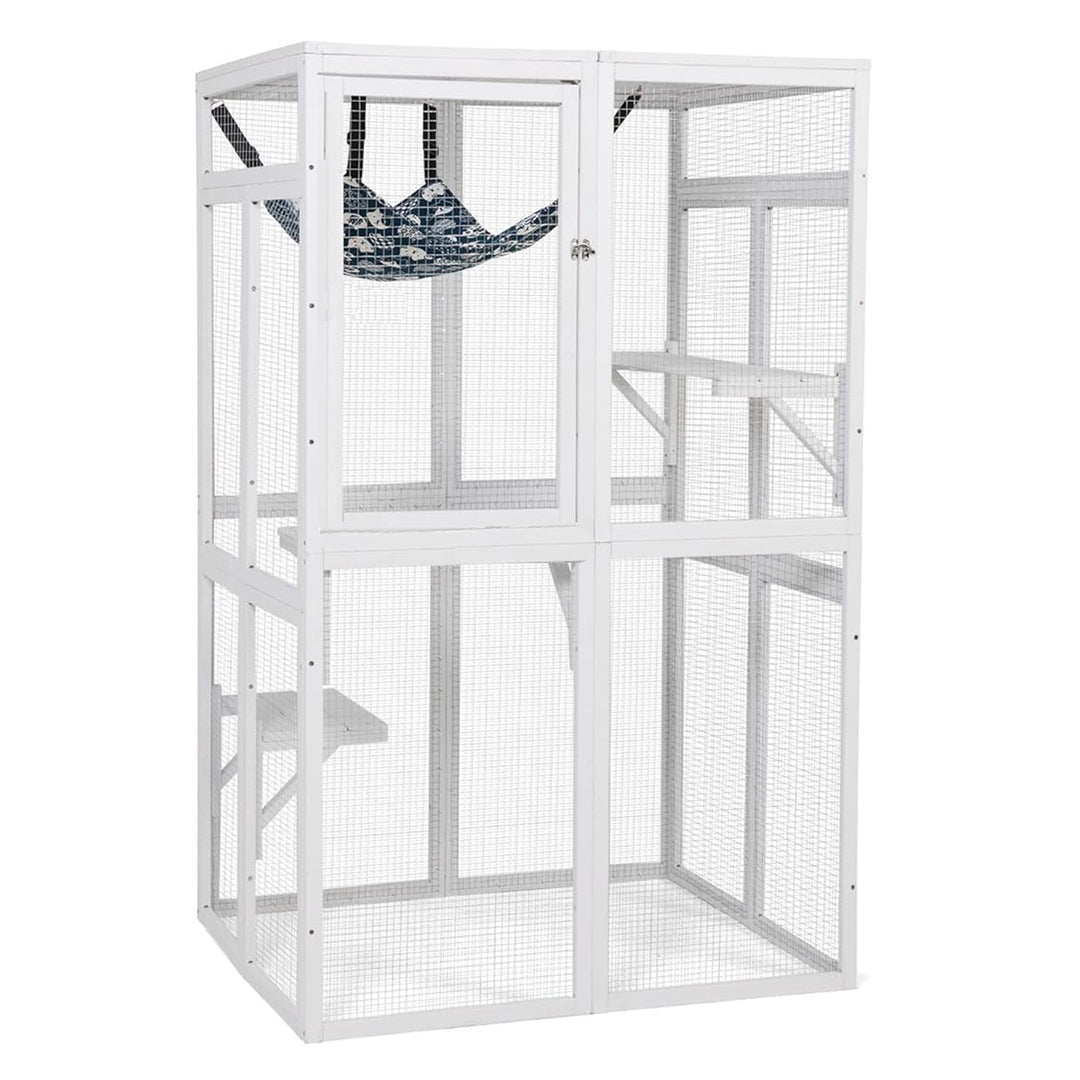 COZIWOW Outdoor Wooden Cat House Enclosure w/ Window Access, 3 Platforms, White - VMInnovations