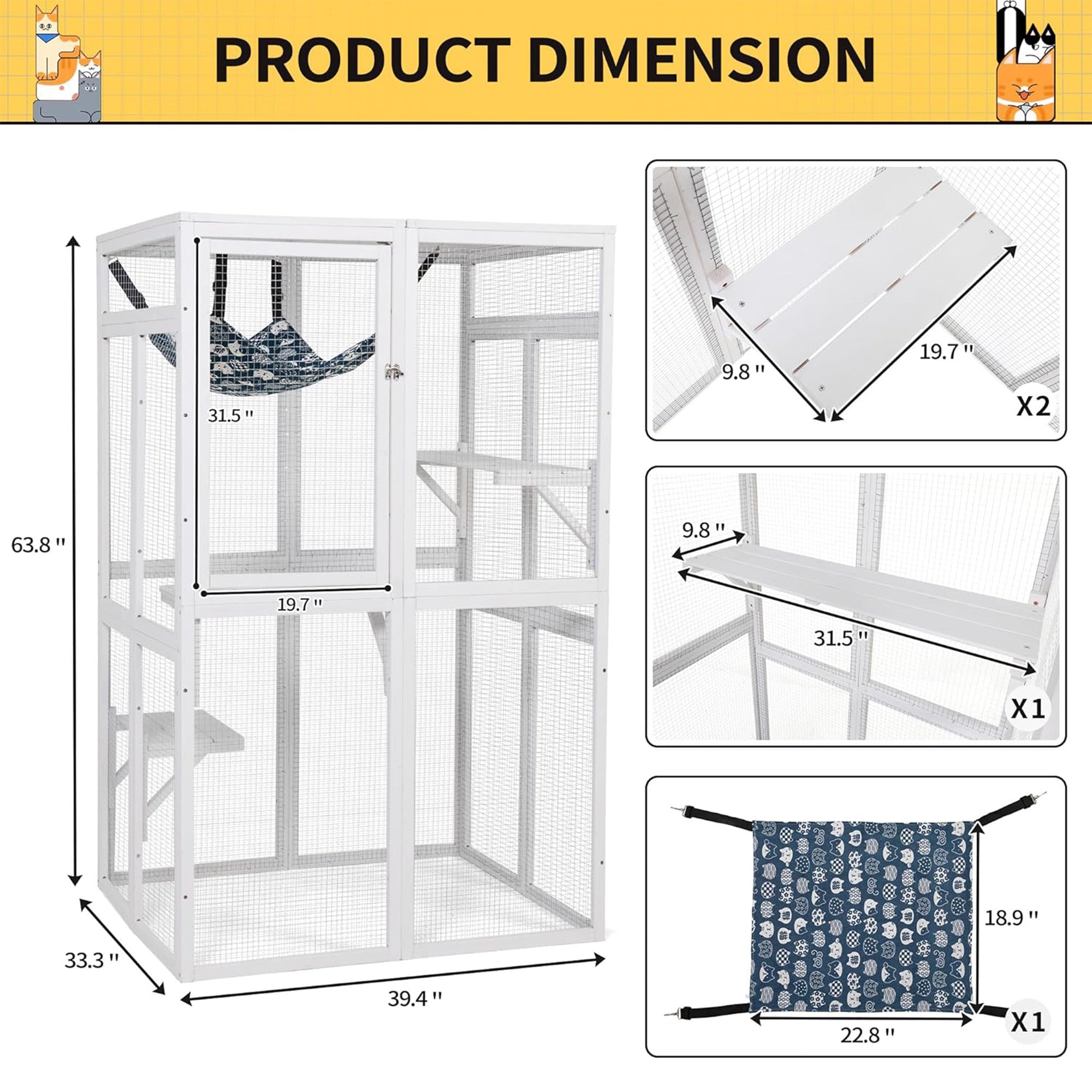 COZIWOW Outdoor Wooden Cat House Enclosure w/ Window Access, 3 Platforms, White - VMInnovations