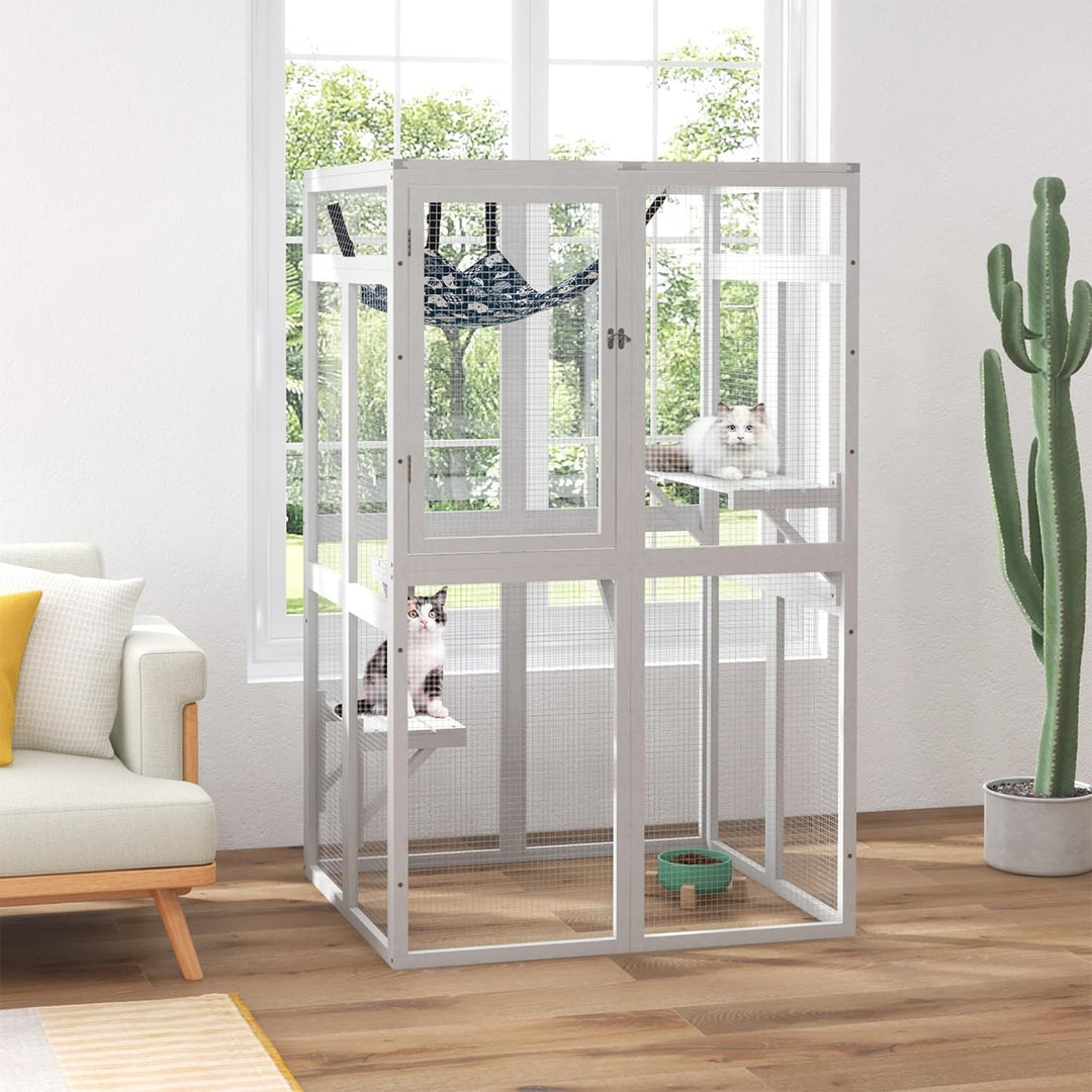 COZIWOW Outdoor Wooden Cat House Enclosure w/ Window Access, 3 Platforms, White - VMInnovations