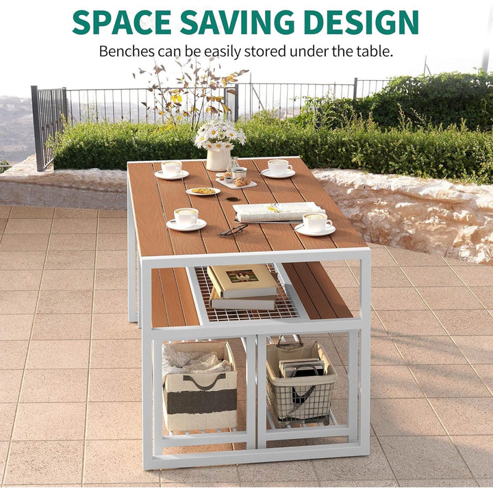 YITAHOME Patio Dining Table & Bench Set, Faux Wood, 4-6 People with Shelf, Brown - VMInnovations