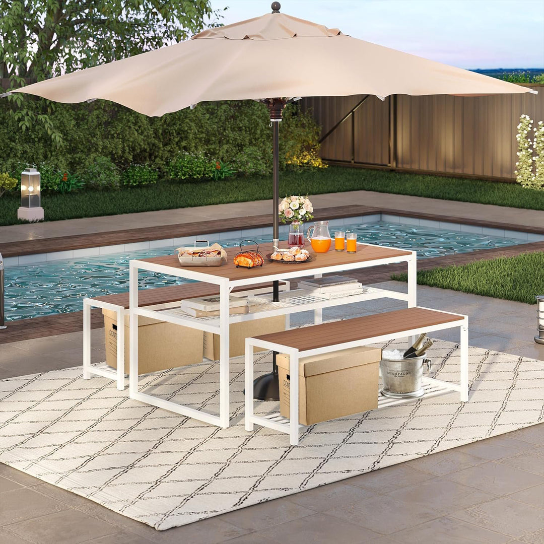 YITAHOME Patio Dining Table & Bench Set, Faux Wood, 4-6 People with Shelf, Brown - VMInnovations