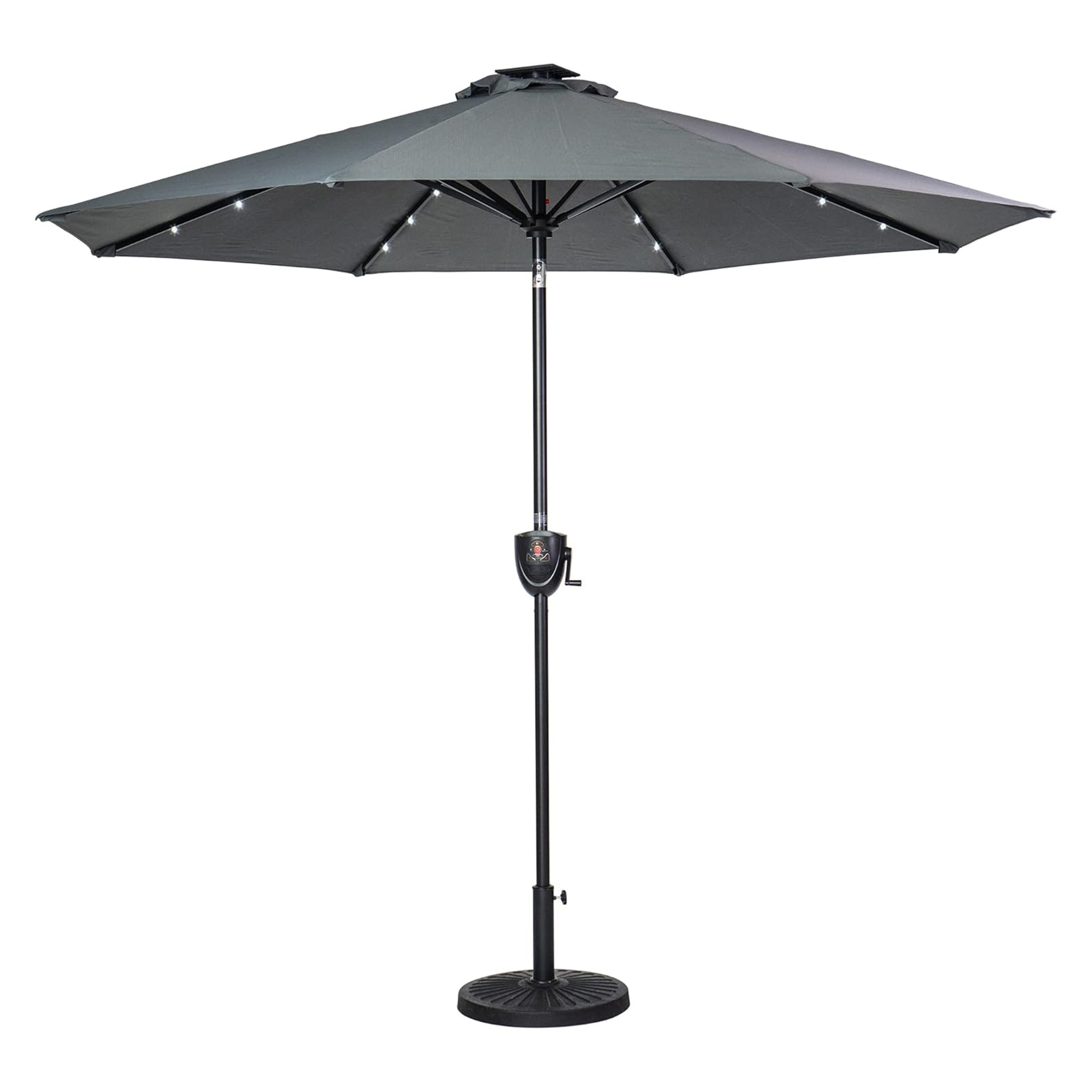 Sun-Ray Solar Lighted Outdoor Umbrella, LED Strip Lights, Crank Tilt, 9 Ft, Grey