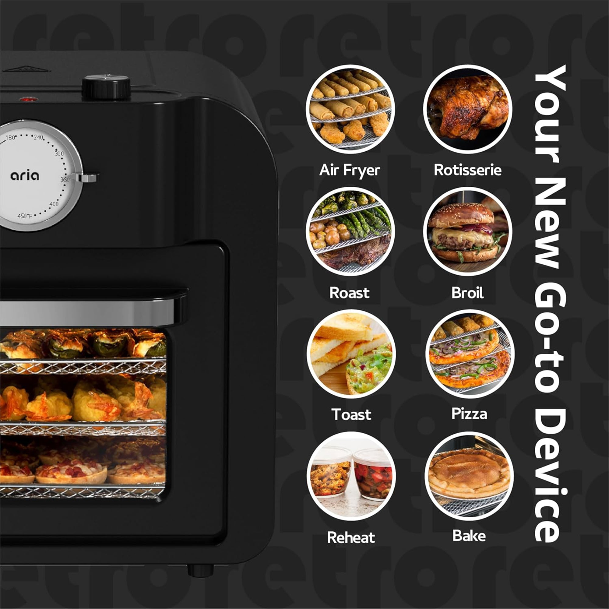 Aria 17 Quart Retro Air Fryer Oven, 4-in-1 Countertop Convection Cooker, Black - VMInnovations