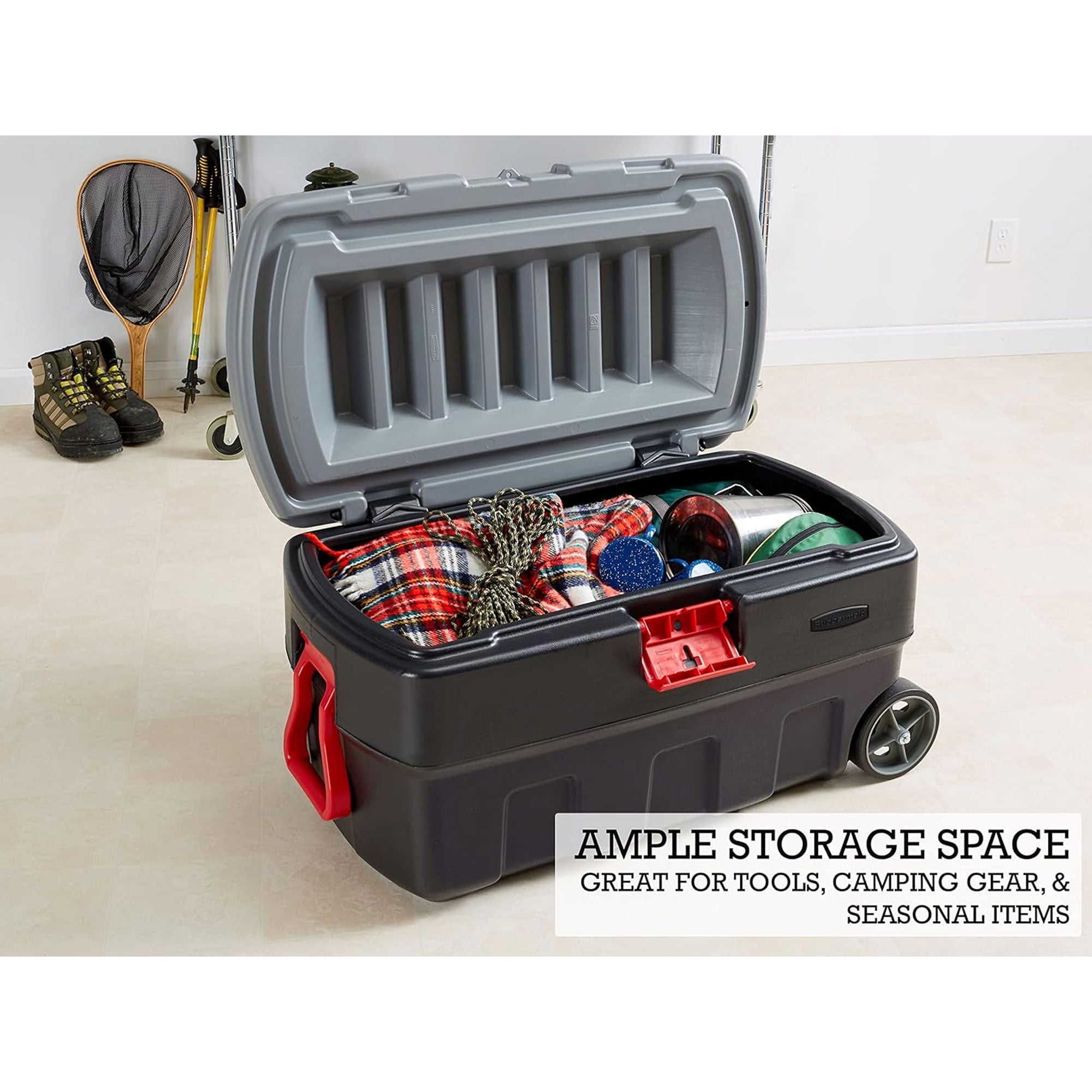 Rubbermaid 35 Gallon Action Packer Lockable Latch Storage Box Tote with Wheels - VMInnovations