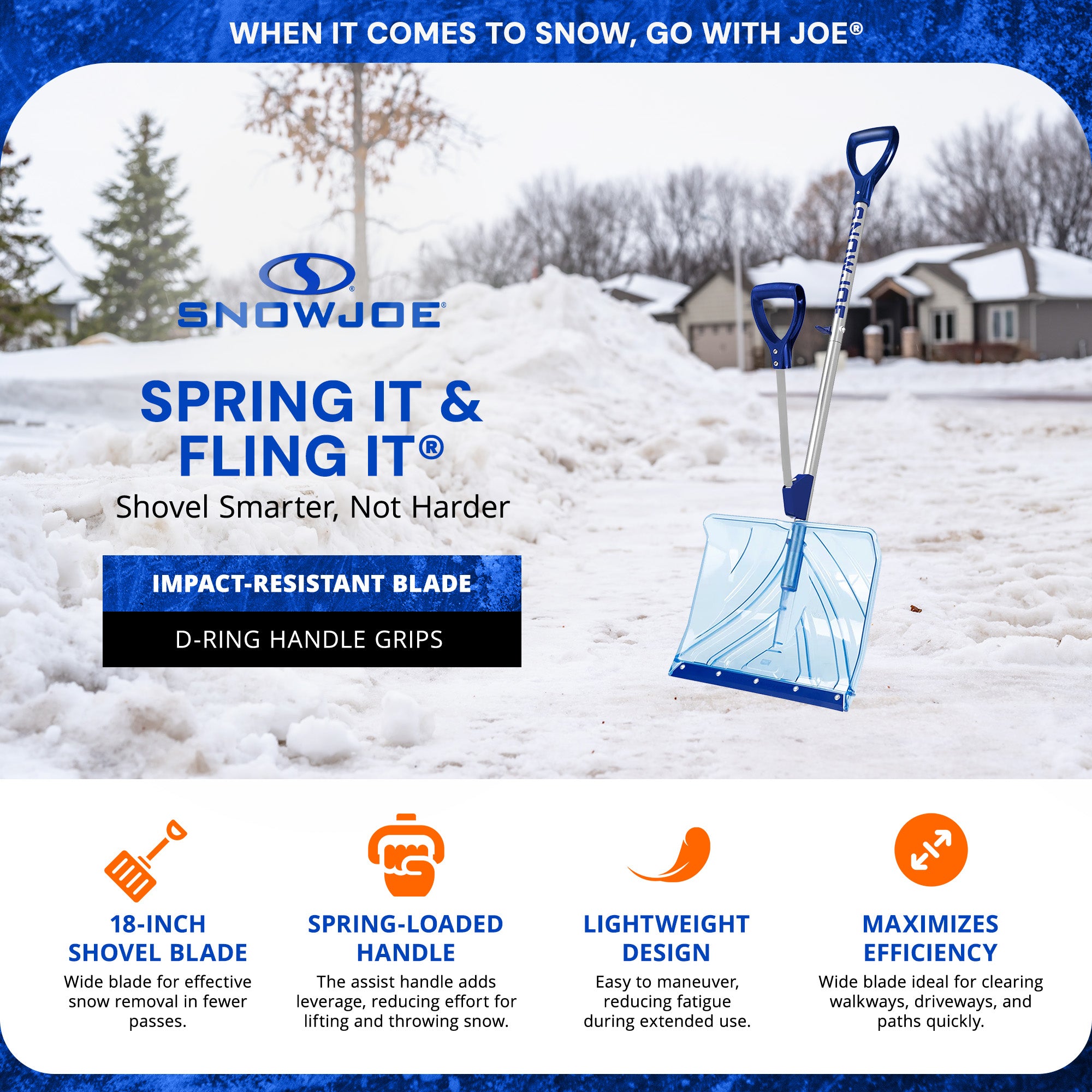 Snow Joe Shovelution Snow Shovel with Spring Assist & Telescoping Broom, Blue