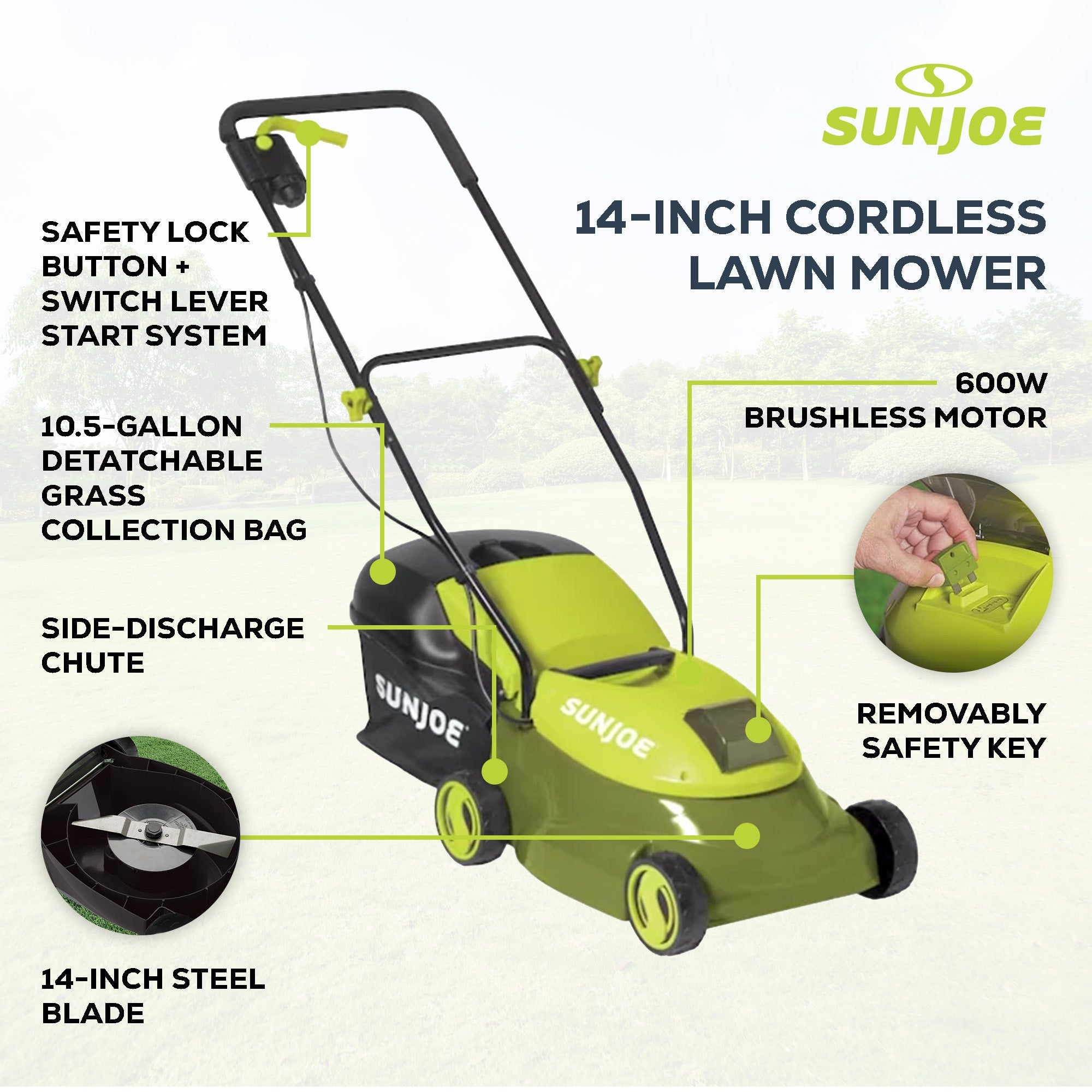 Sun Joe 14" Electric Cordless Lawn Mower w/ Detachable Grass Catcher, MJ401C-PRO - VMInnovations