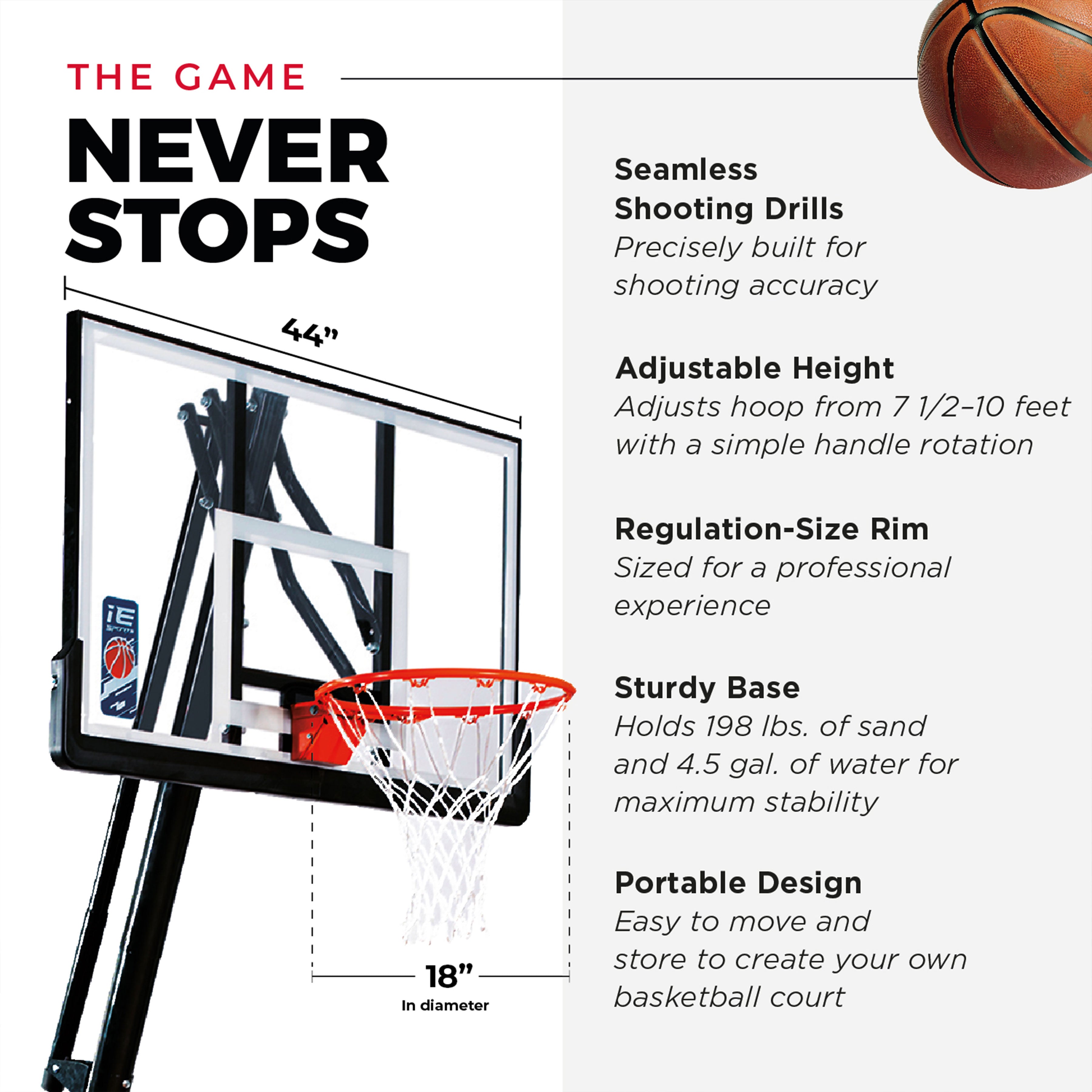 IE Sports Basketball Hoop, Height, 44" Backboard & Rebounder (Open Box) - VMInnovations