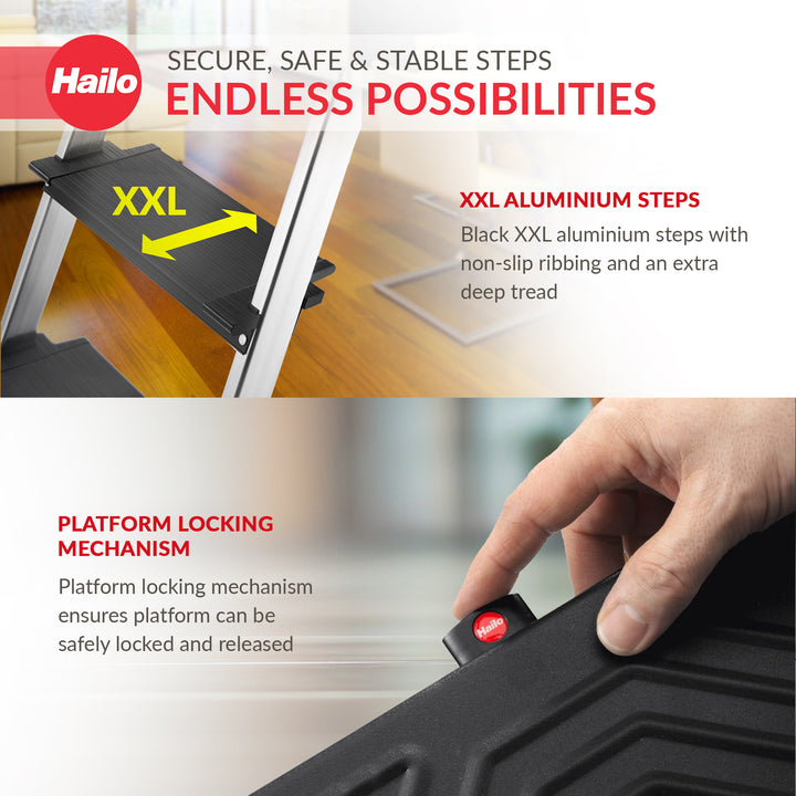 Hailo Folding 8 Step Non-Slip Ladder for Home & Kitchen, L100, Silver/Black - VMInnovations