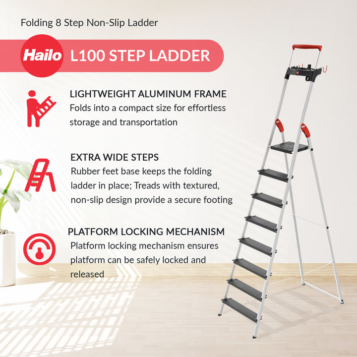 Hailo Folding 8 Step Non-Slip Ladder for Home & Kitchen, L100, Silver/Black - VMInnovations