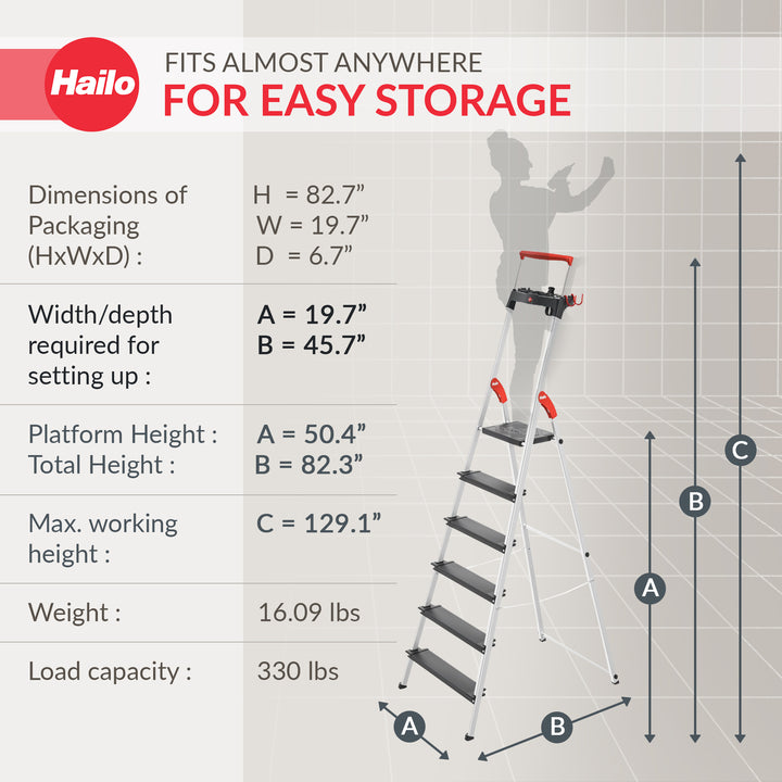 Hailo Folding 6 Step Non-Slip Ladder for Home & Kitchen, L100, Silver/Black - VMInnovations