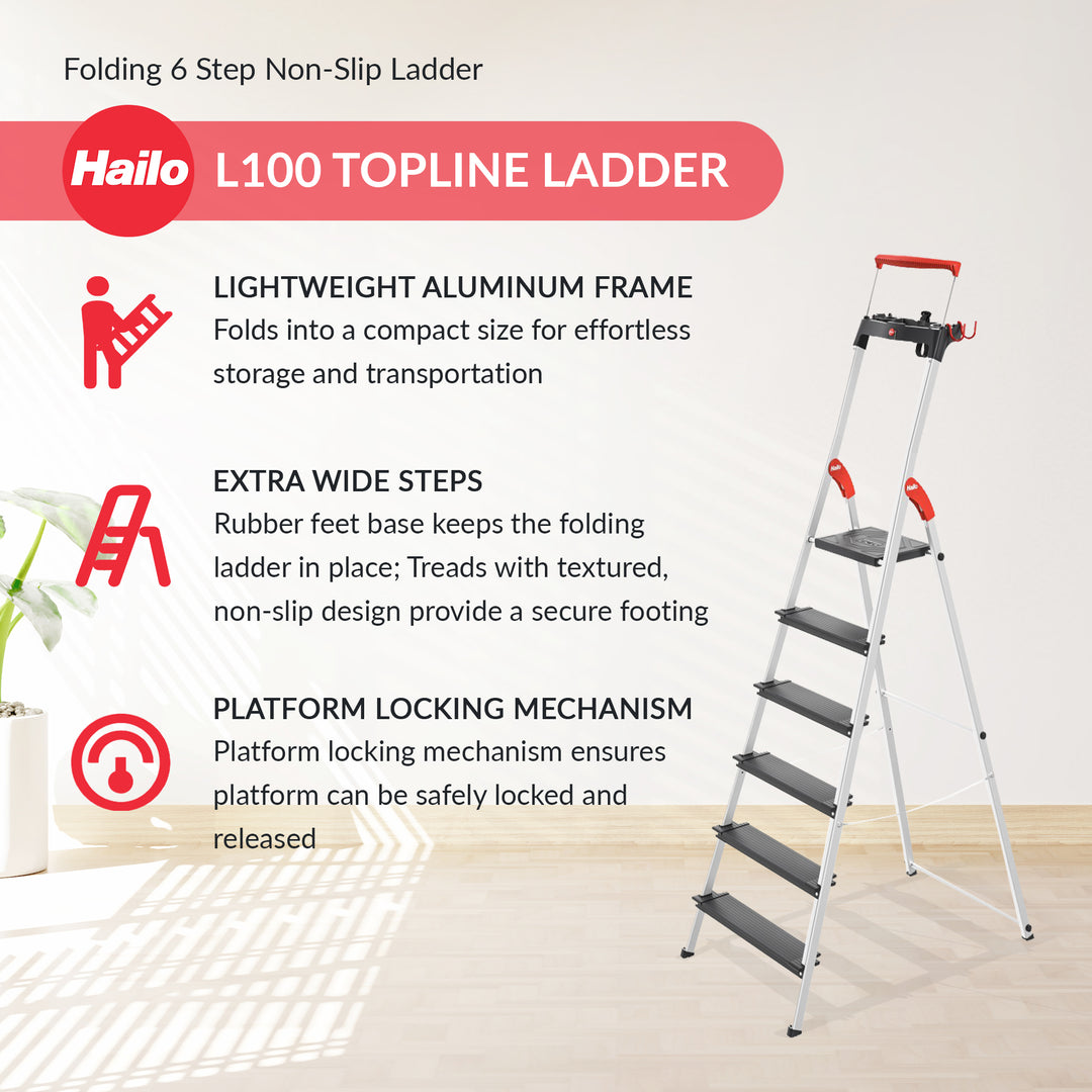 Hailo Folding 6 Step Non-Slip Ladder for Home & Kitchen, L100, Silver/Black - VMInnovations