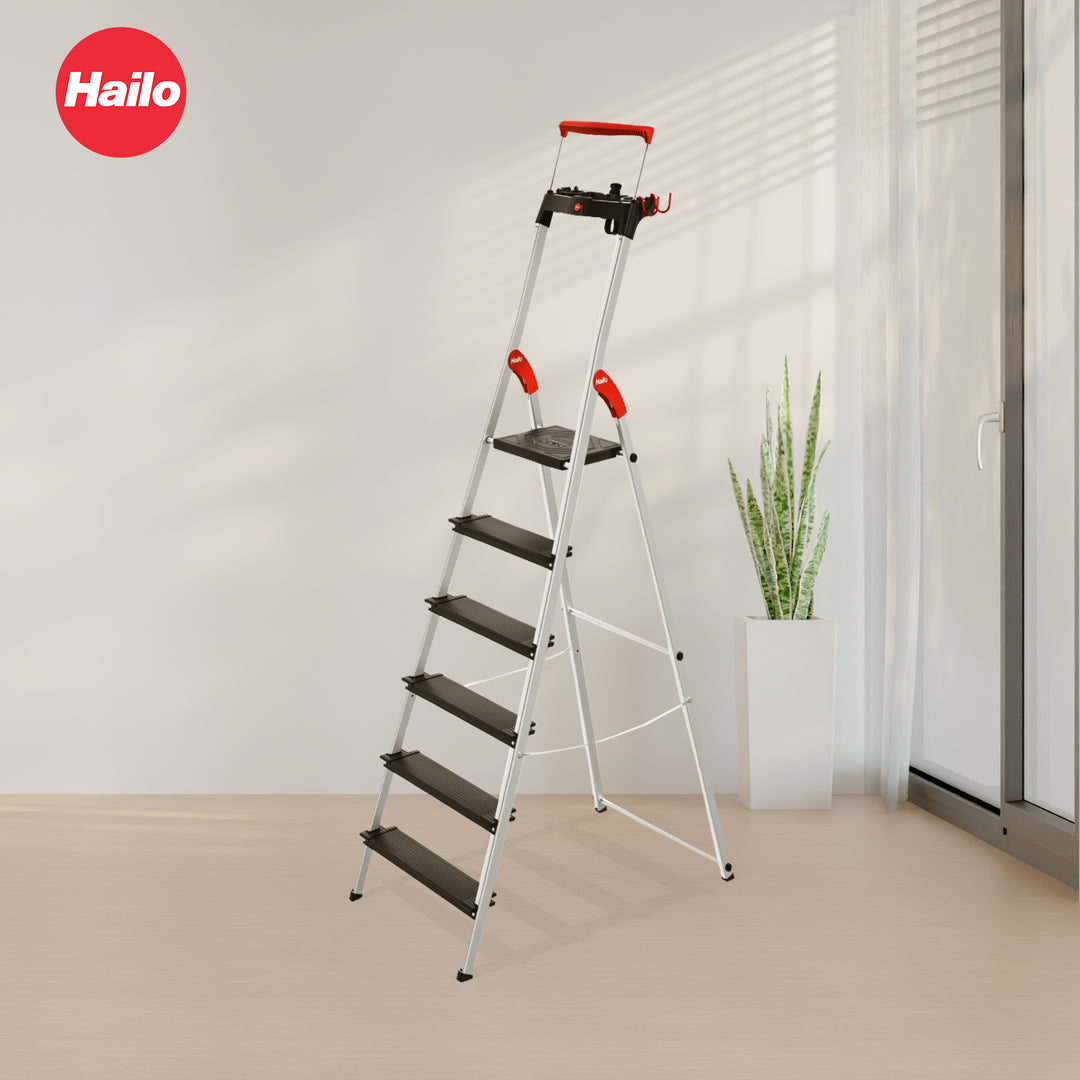 Hailo Folding 6 Step Non-Slip Ladder for Home & Kitchen, L100, Silver/Black - VMInnovations