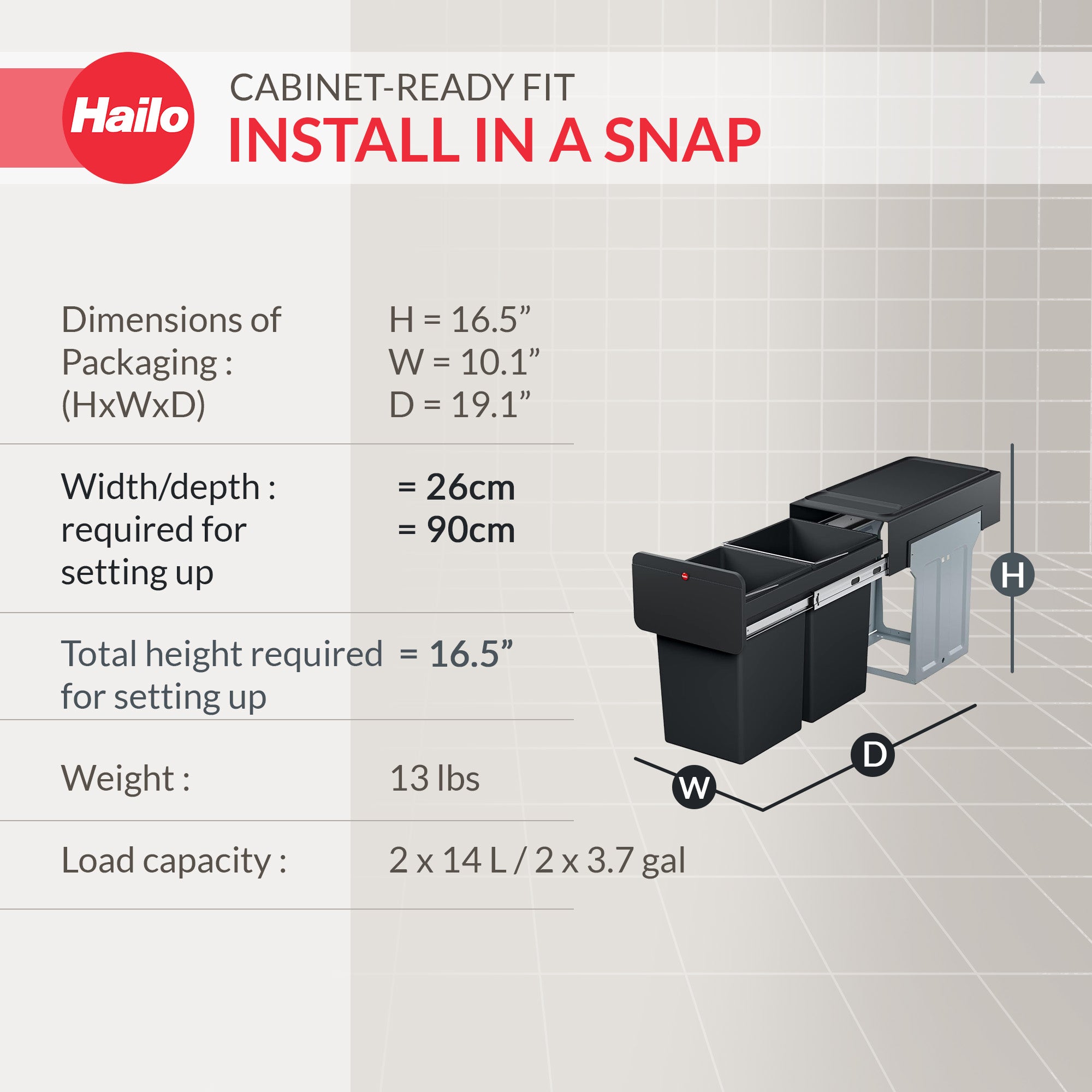 Hailo Kitchen Trash Can Dual 14L Waste Separation, EcoLine Design L (Open Box) - VMInnovations