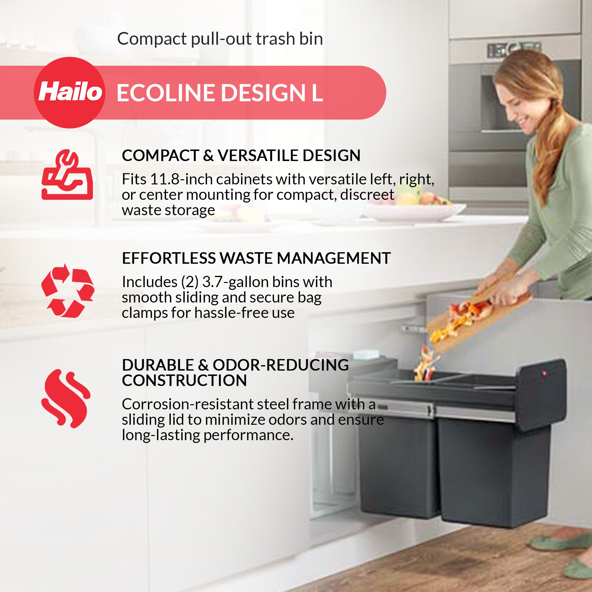 Hailo Kitchen Trash Can Dual 14L Waste Separation, EcoLine Design L (Open Box) - VMInnovations