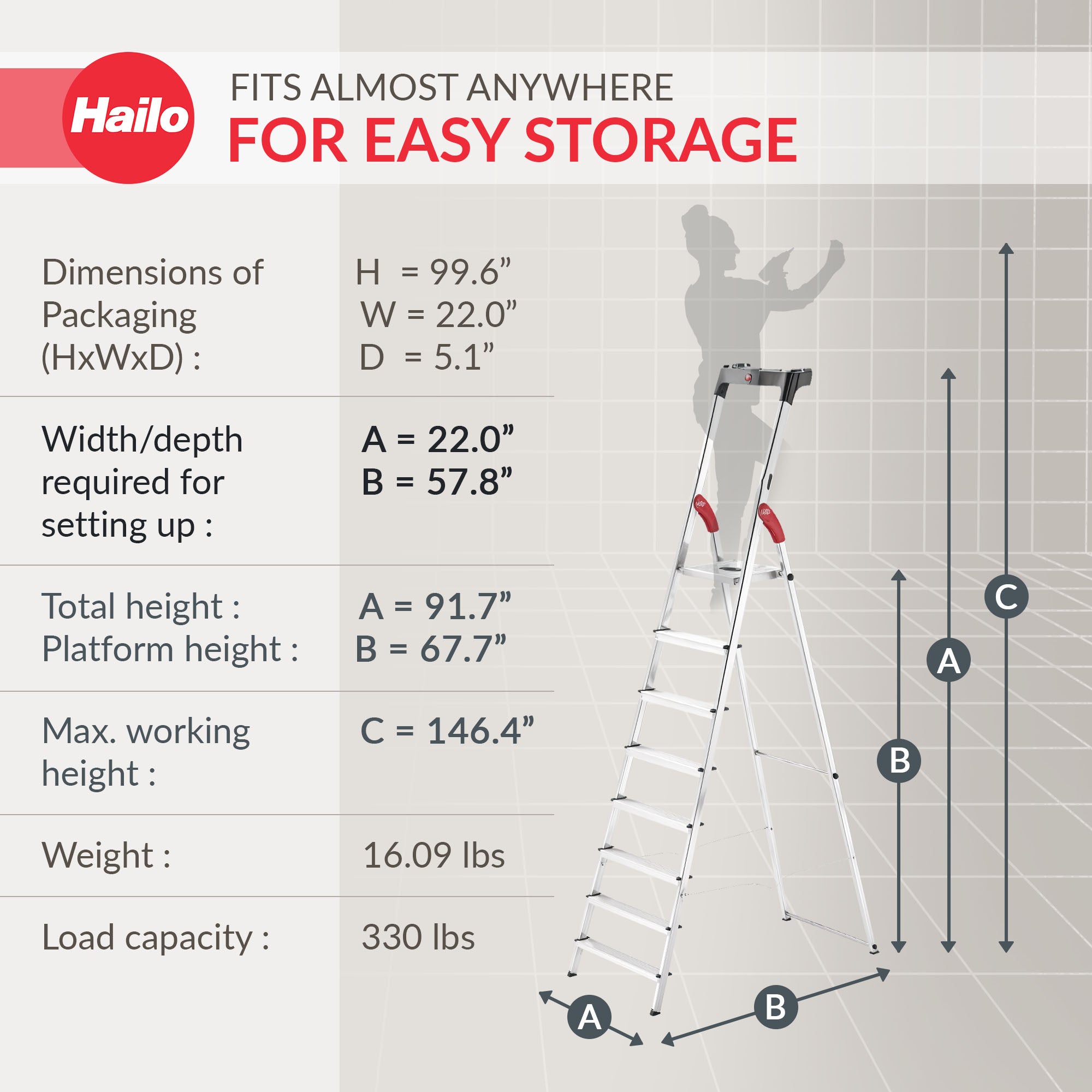 Hailo Folding Step Ladder, Non-Slip, 8 Steps for Home & Kitchen, L60, Silver/Red - VMInnovations
