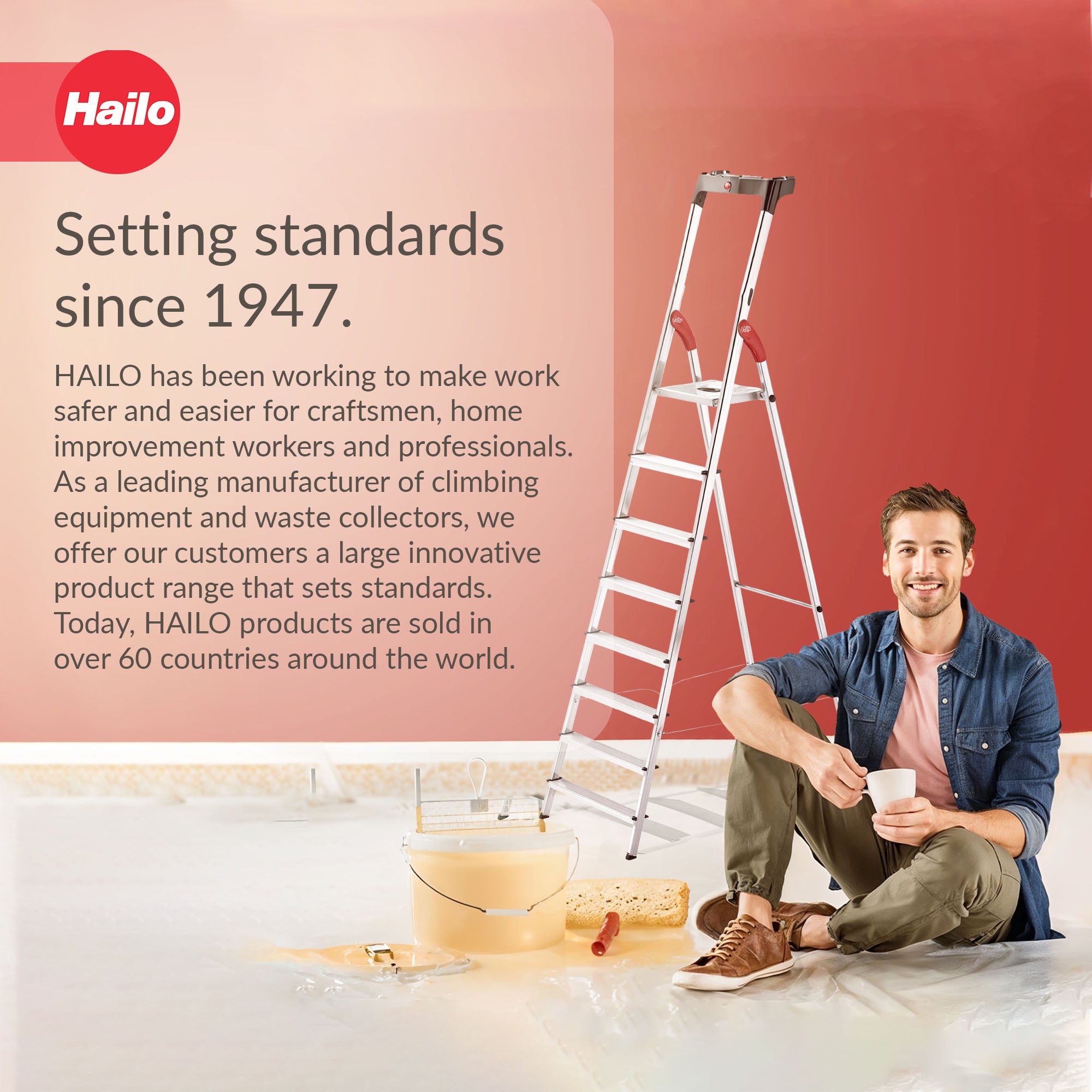 Hailo Folding Step Ladder, Non-Slip, 8 Steps for Home & Kitchen, L60, Silver/Red - VMInnovations