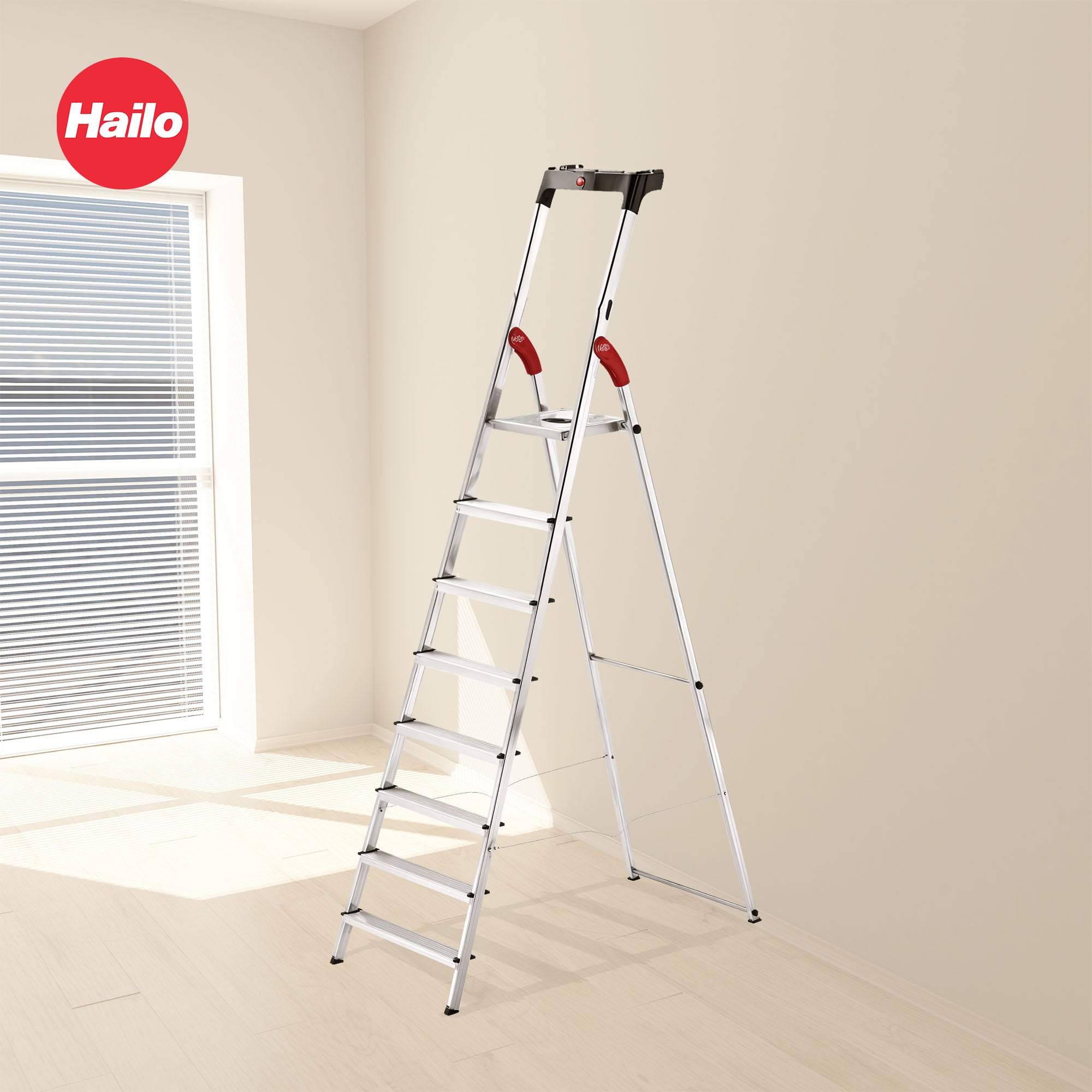 Hailo Folding Step Ladder, Non-Slip, 8 Steps for Home & Kitchen, L60, Silver/Red - VMInnovations