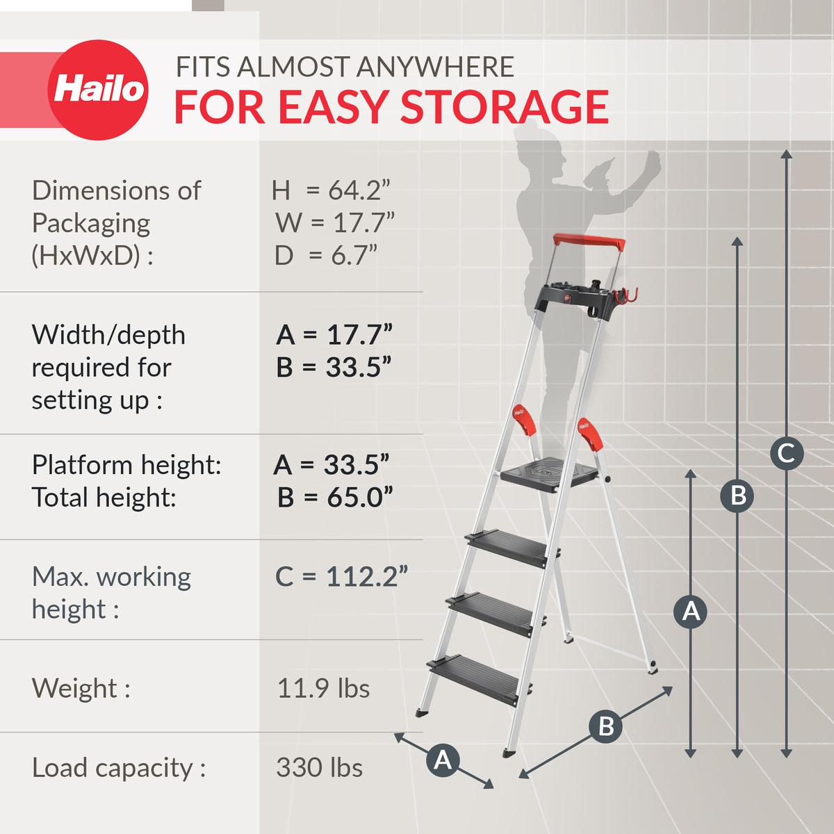 Hailo Folding 4 Step Non-Slip Ladder for Home & Kitchen, L100, Silver/Black (Open Box)