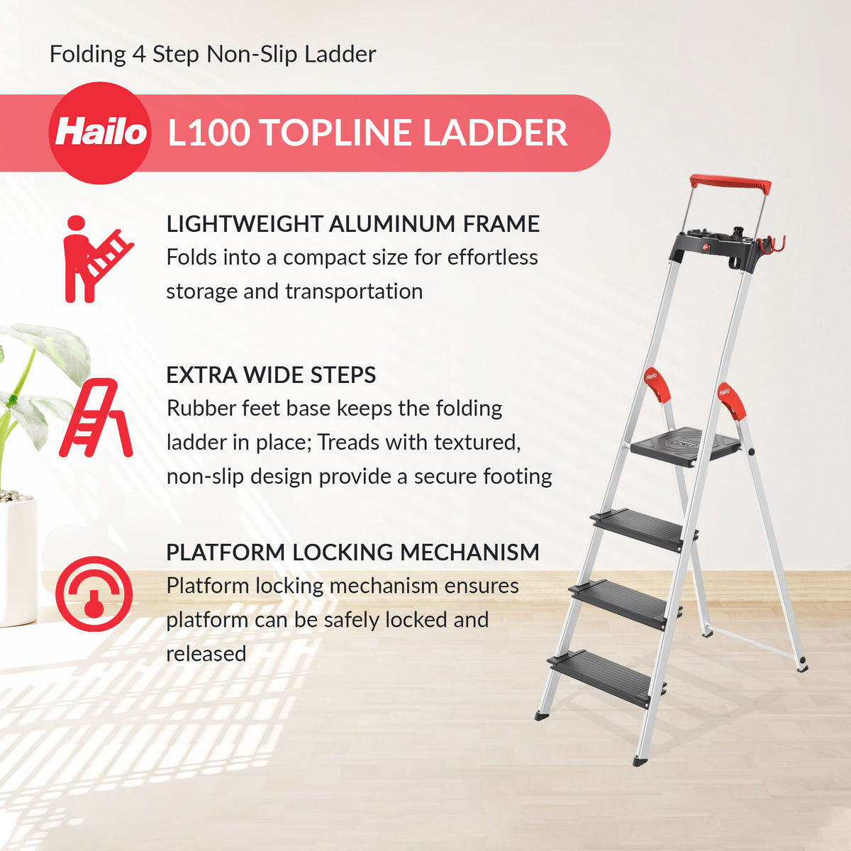 Hailo Folding 4 Step Non-Slip Ladder for Home & Kitchen, L100, Silver/Black (Open Box)