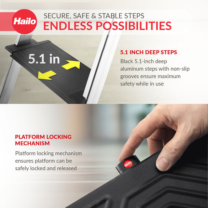 Hailo Folding 4 Step Non-Slip Ladder for Home & Kitchen, L100, Silver/Black - VMInnovations
