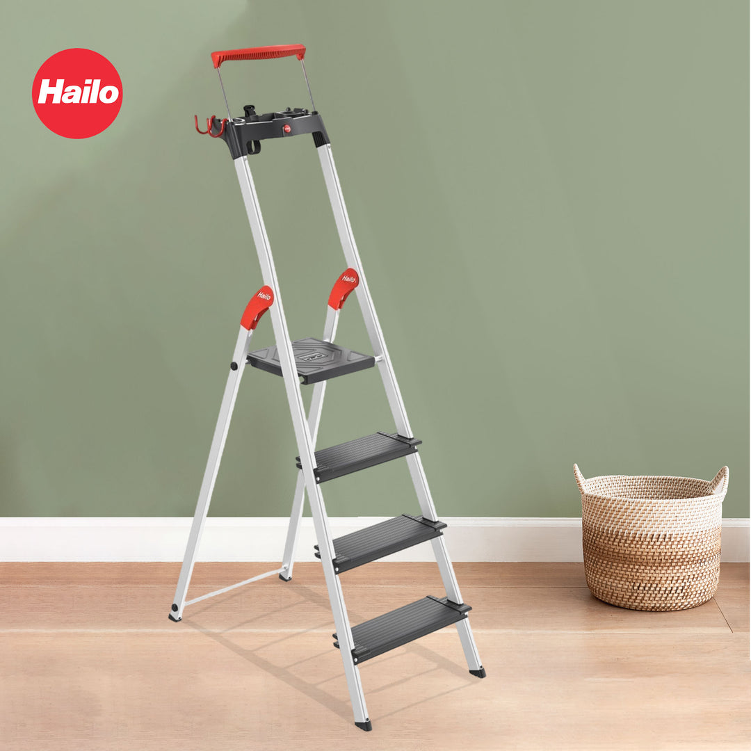 Hailo Folding 4 Step Non-Slip Ladder for Home & Kitchen, L100, Silver/Black - VMInnovations
