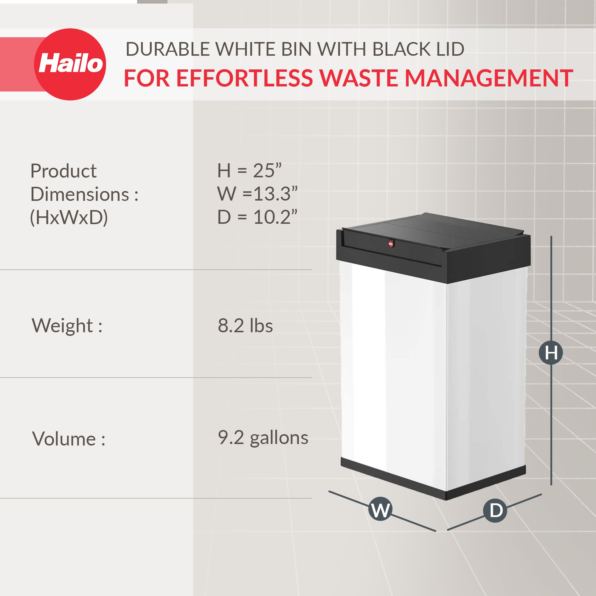 Hailo Swing Trash Bin, 9.2 Gal, Non-Slip Base, White w/Black Lid (Open Box) - VMInnovations