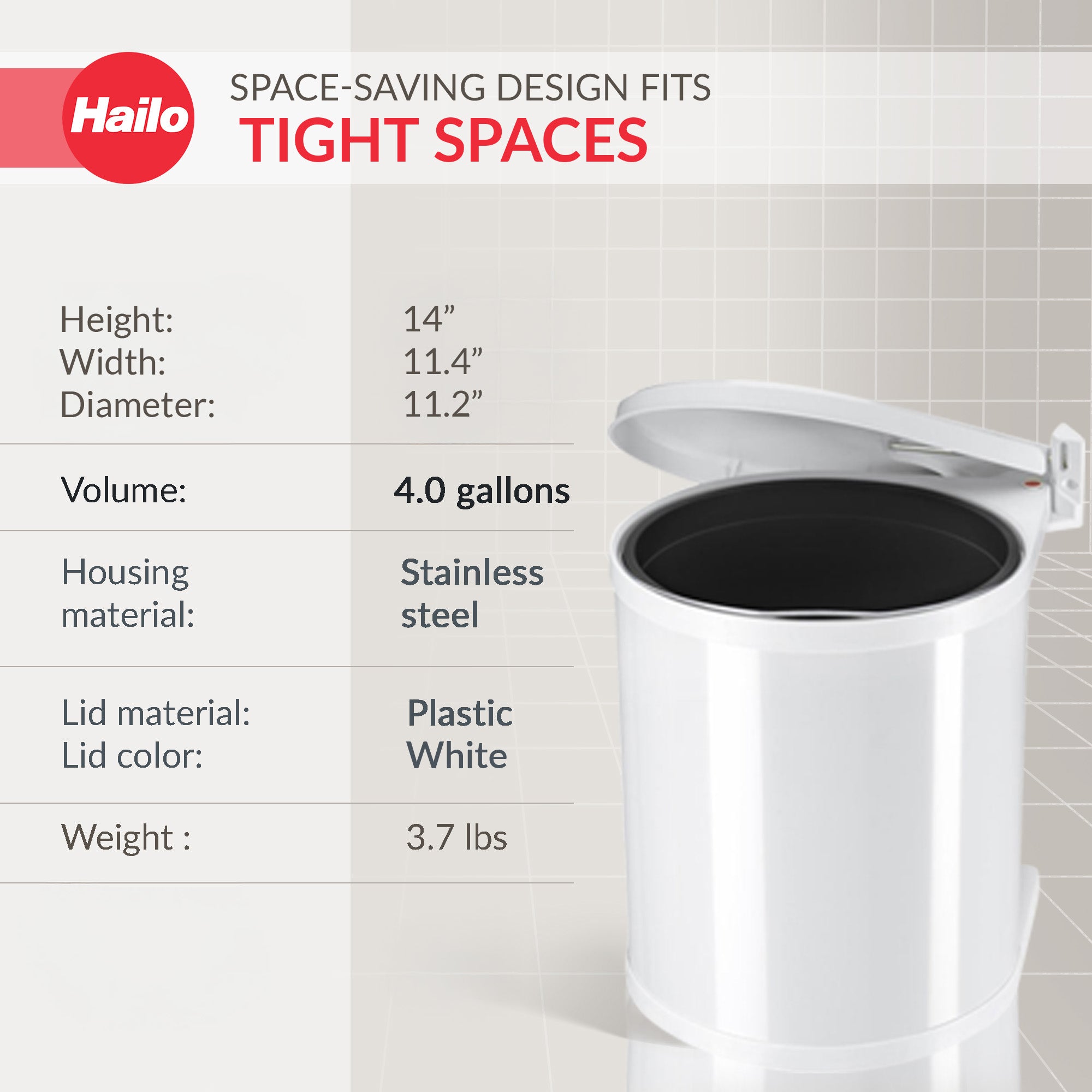 Hailo Compact Trash Can, 4 Gal, Lid-Lift, Small Kitchen Bin, White (Open Box) - VMInnovations