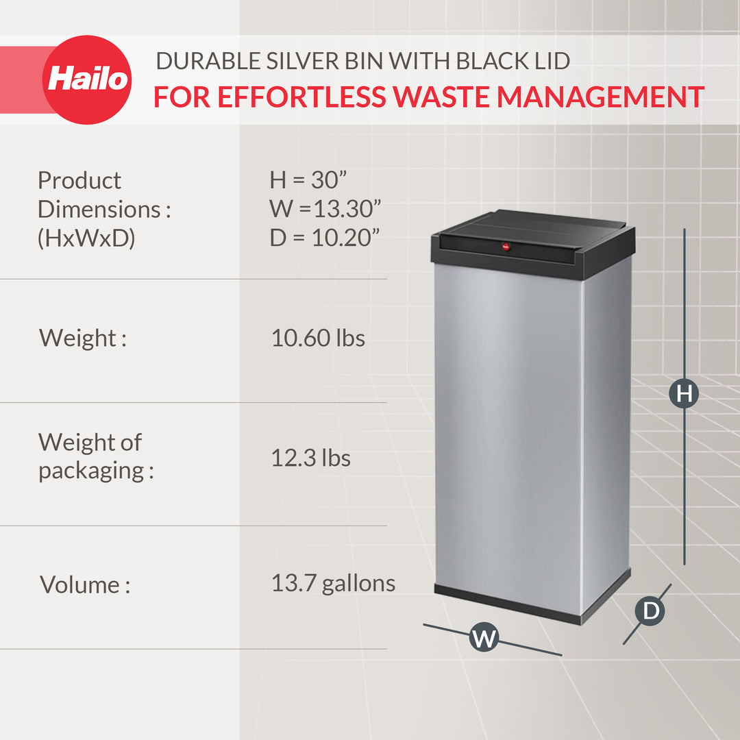 Hailo 52L 13.7 Gallon Steel Trash Can Self-Closing Lid Big-Box Swing XL, Silver - VMInnovations