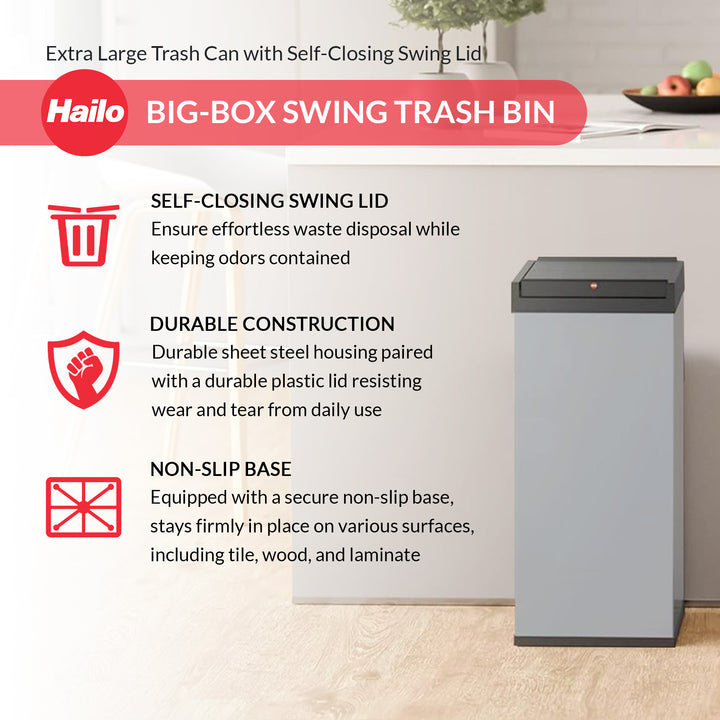 Hailo 52L 13.7 Gallon Steel Trash Can Self-Closing Lid Big-Box Swing XL, Silver - VMInnovations