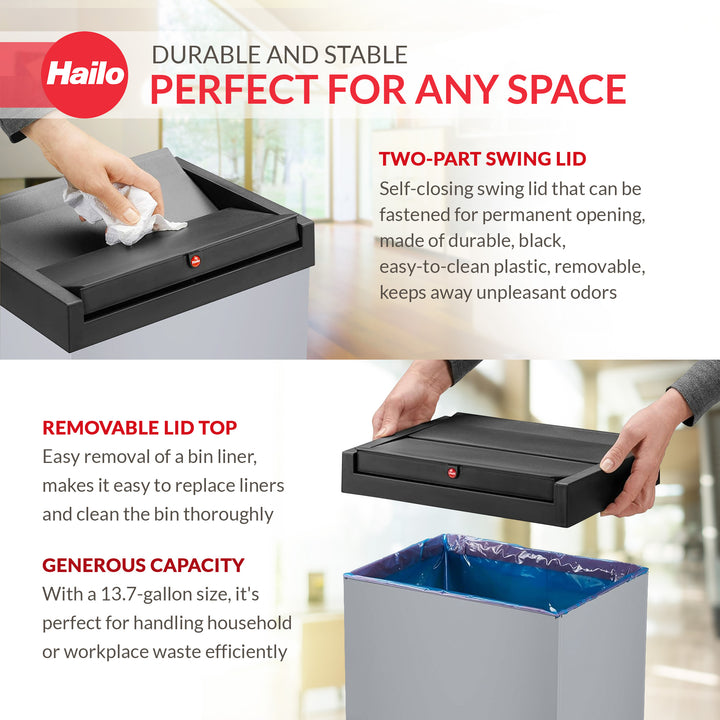 Hailo 52L 13.7 Gallon Steel Trash Can Self-Closing Lid Big-Box Swing XL, Silver - VMInnovations