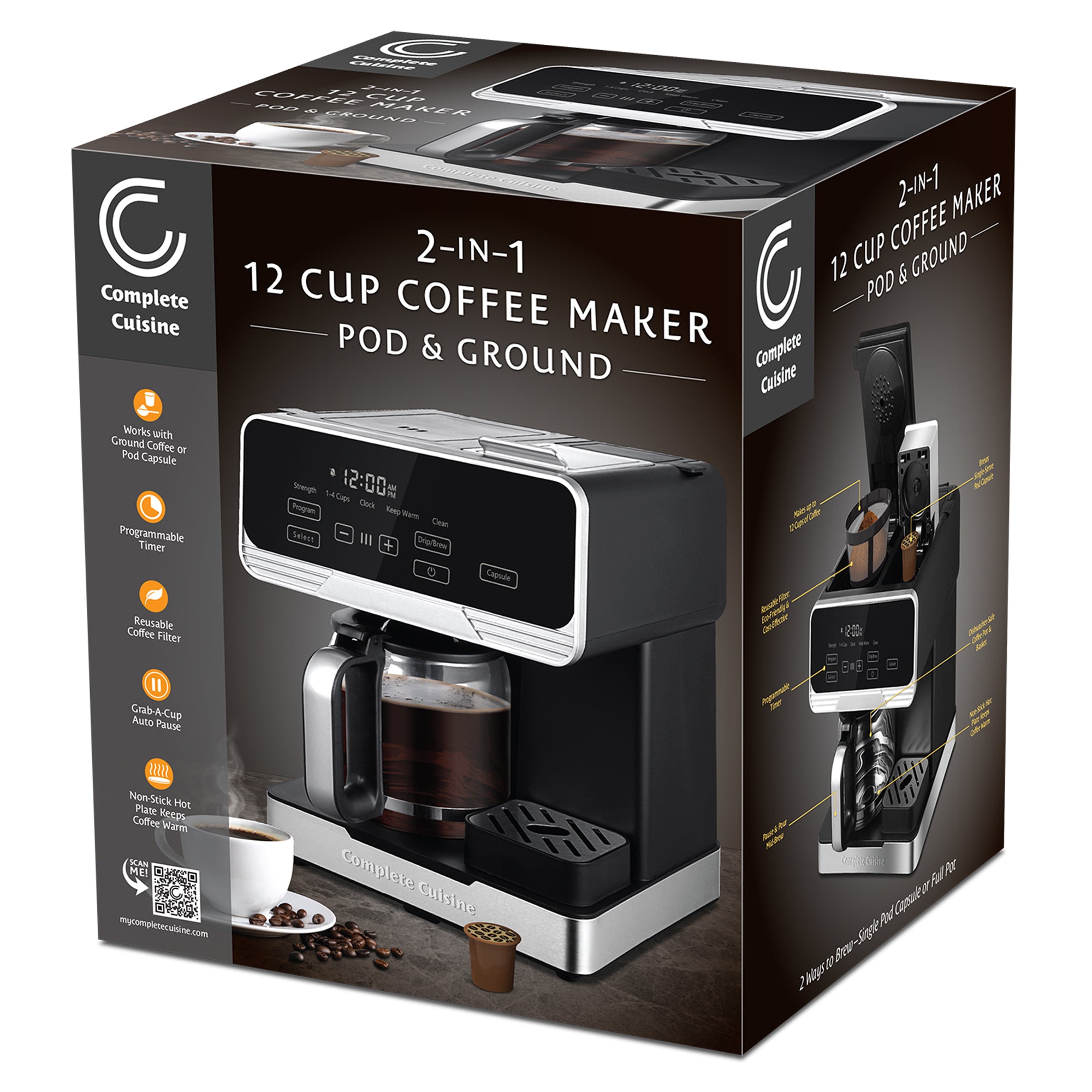 Complete Cuisine 2-in-1 Coffee Maker, 12-Cup Pot & Single-Serve Pod (Open Box)