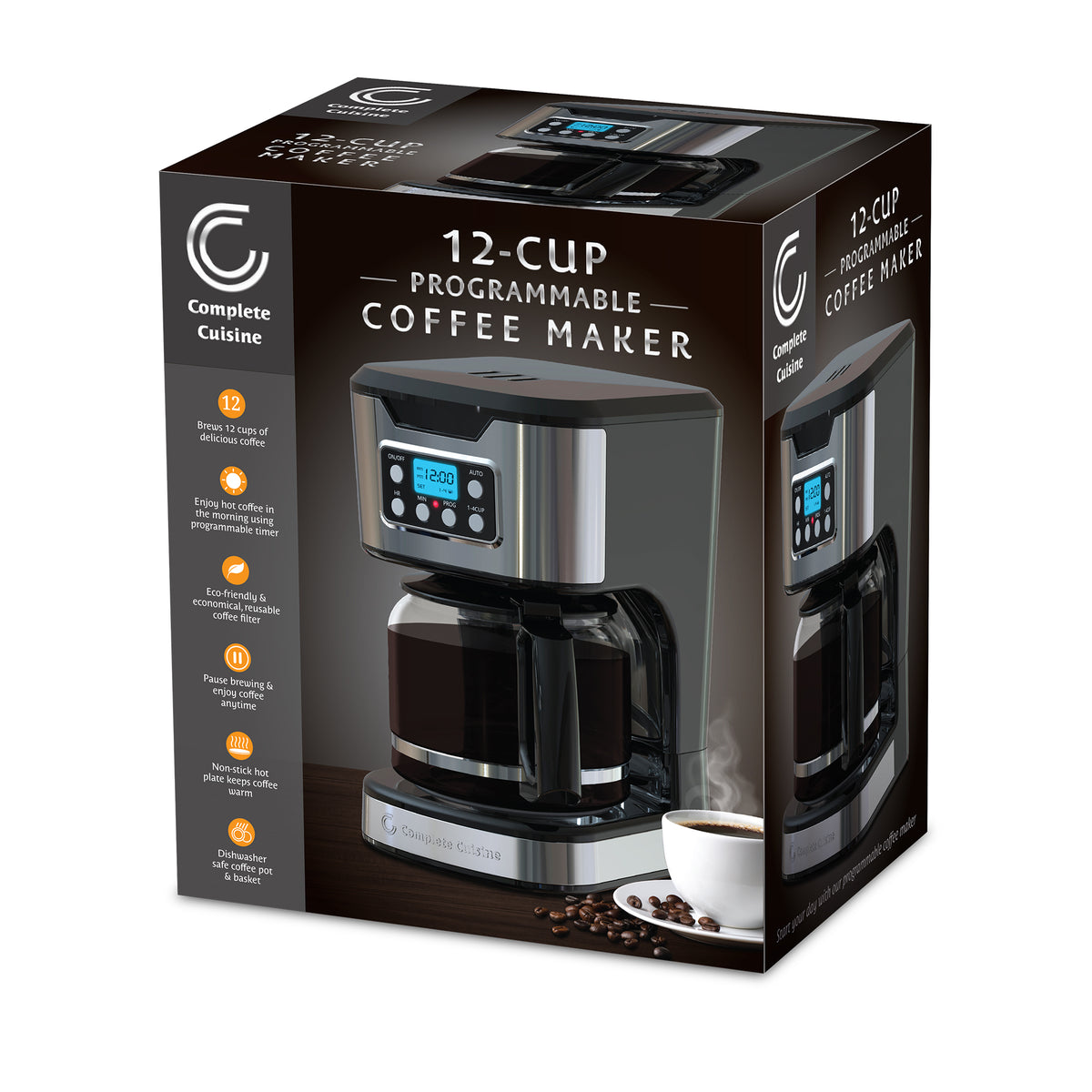Complete Cuisine 12-Cup Programmable Drip Coffee Maker, Auto Shut-Off, Black - VMInnovations