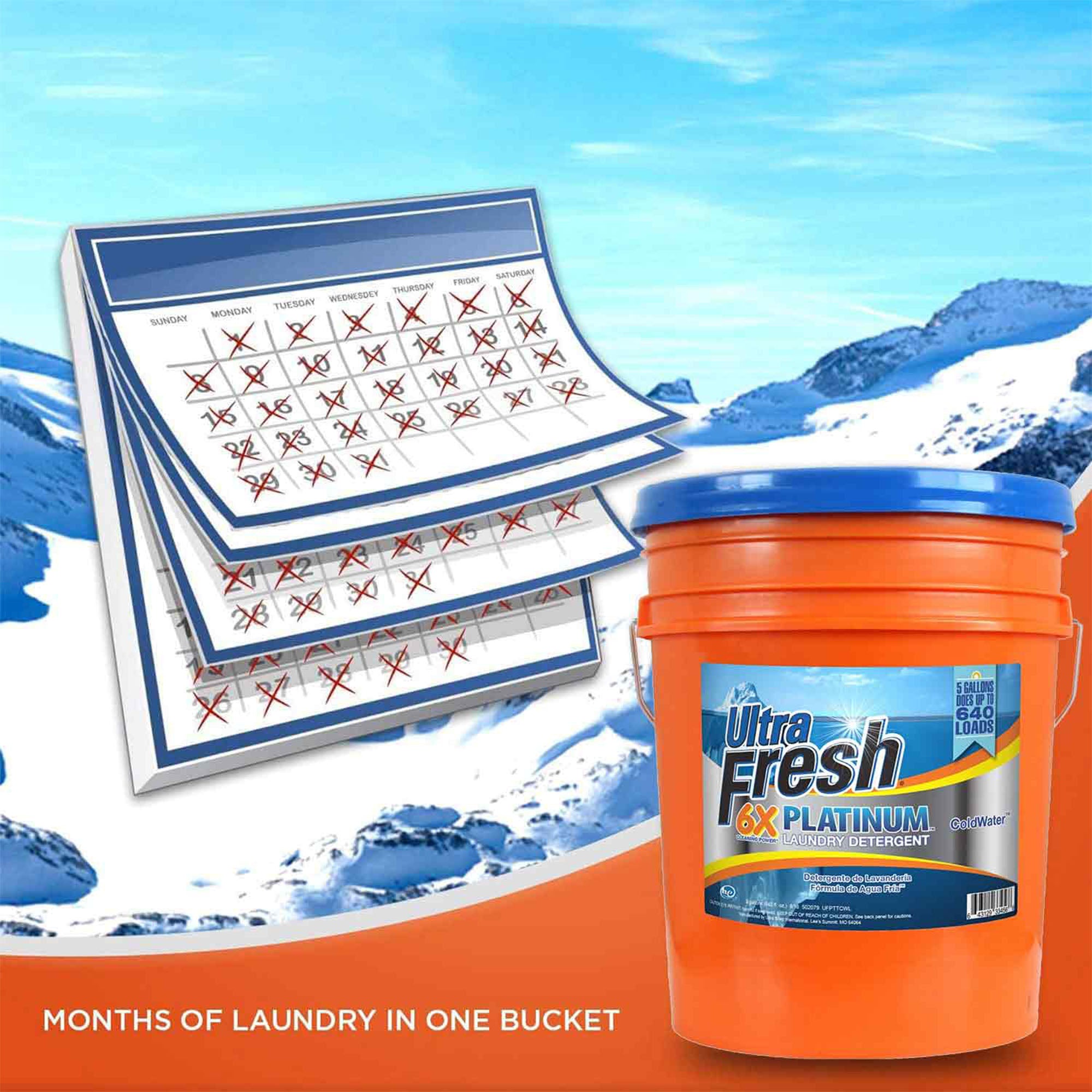 Ultra Fresh 6X Platinum Laundry Detergent, Up to 640 Loads, ColdWater, 5 Gallon