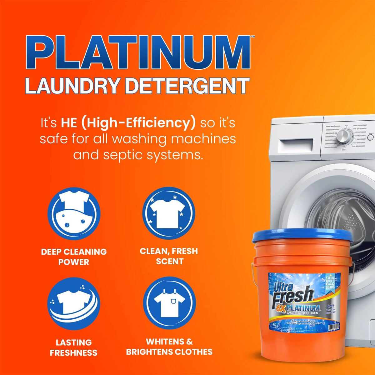 Ultra Fresh 4 Pack 6X Platinum Laundry Detergent, 640 Loads, Bleach Alt, 5 Gal