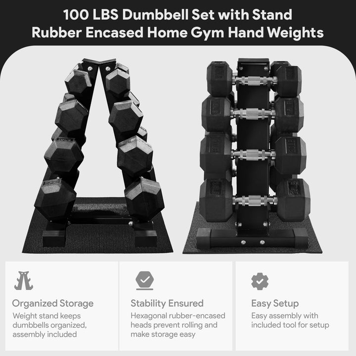 BalanceFrom Dumbbell Set with Stand, Rubber Encased Home Gym Hand Weights, 100lb - VMInnovations