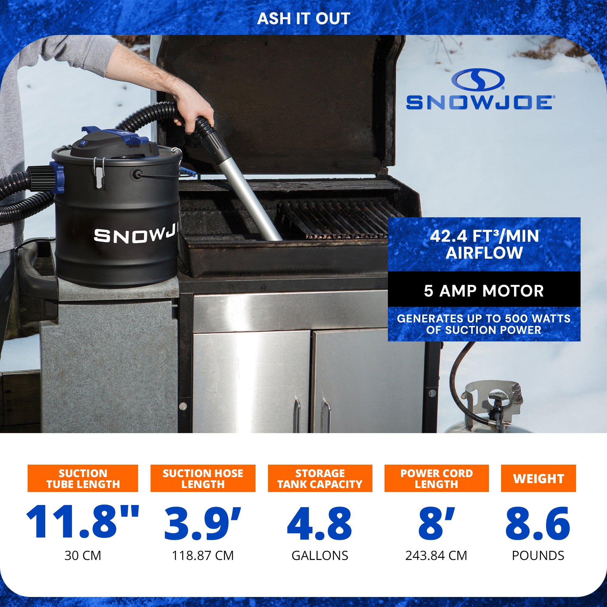 Snow Joe 4.8 Gallon Bagless Ash Vacuum Cleaner, Metal Canister, Blue, ASHJ202E - VMInnovations