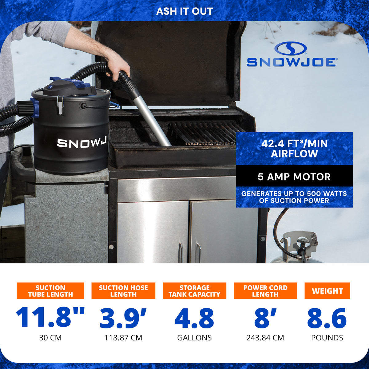 Snow Joe 4.8 Gallon Bagless Ash Vacuum Cleaner, Metal Canister, Blue (Open Box)