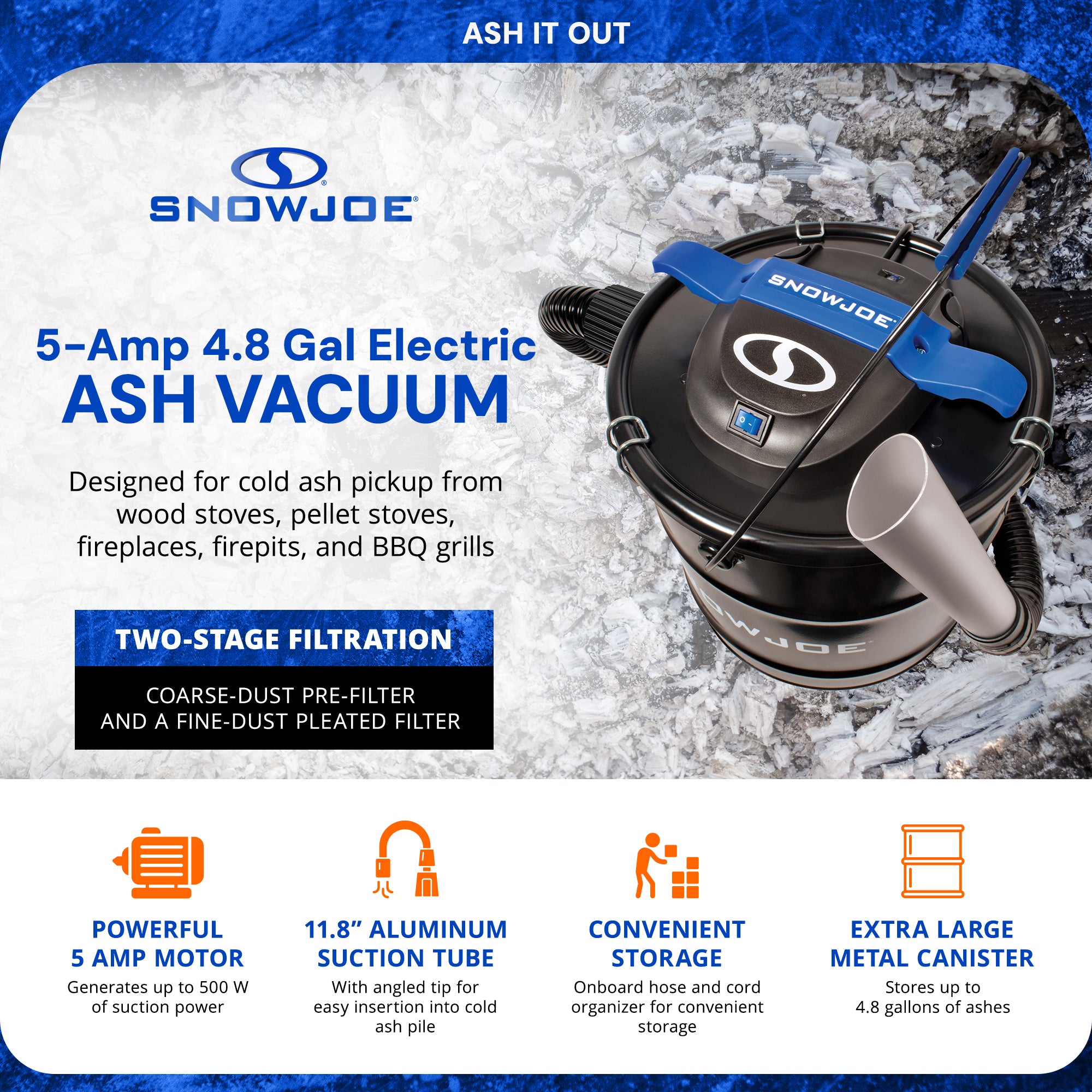 Snow Joe 4.8 Gallon Bagless Ash Vacuum Cleaner, Metal Canister, Blue, ASHJ202E - VMInnovations