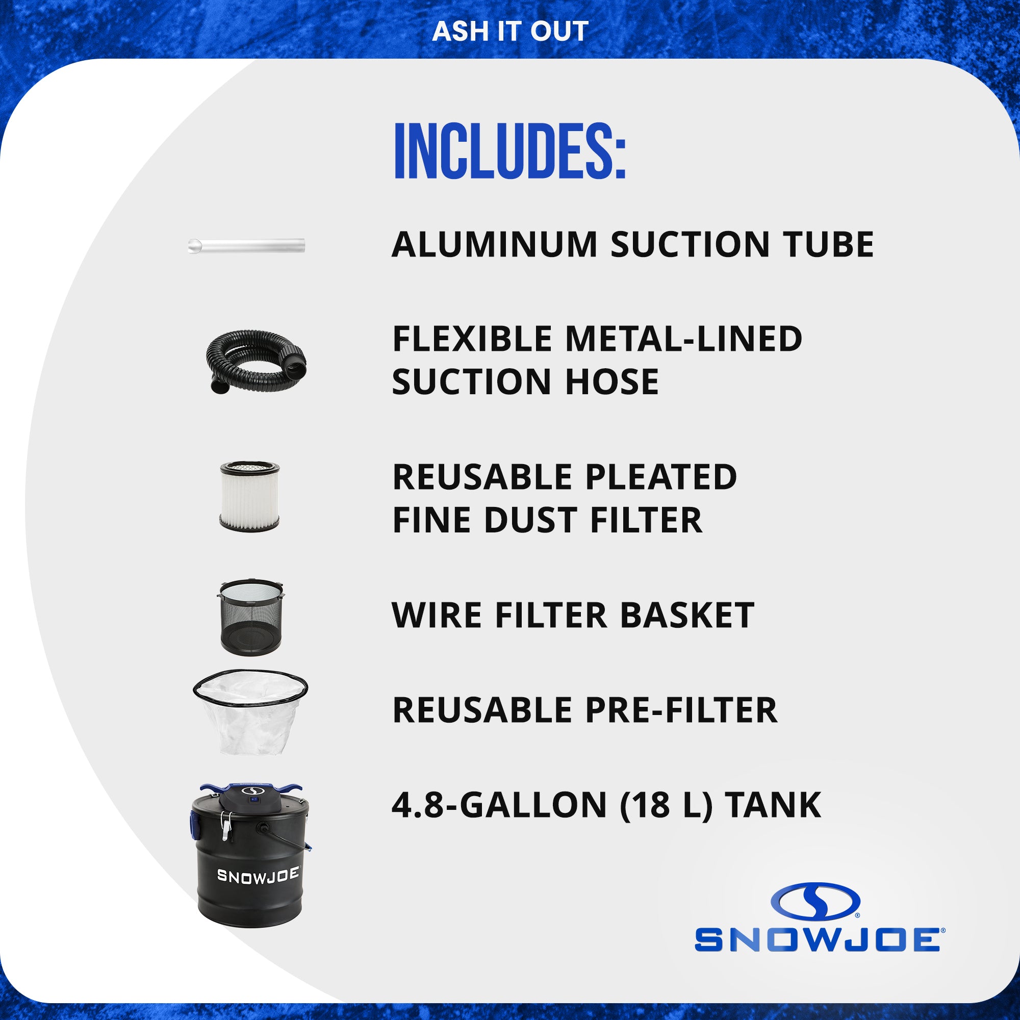 Snow Joe 4.8 Gallon Bagless Ash Vacuum Cleaner, Metal Canister, Blue, ASHJ202E