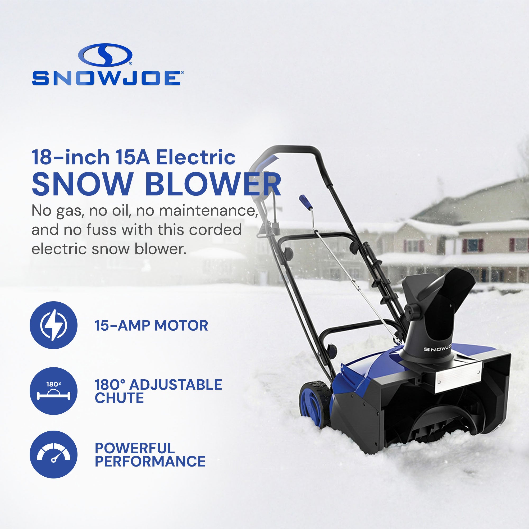 Snow Joe 18″ 15-Amp Corded Electric Snow Blower with Headlight & 180° Adjustable Chute – SJ623E Single-Stage Walk-Behind Snow Thrower for Driveways & Walkways