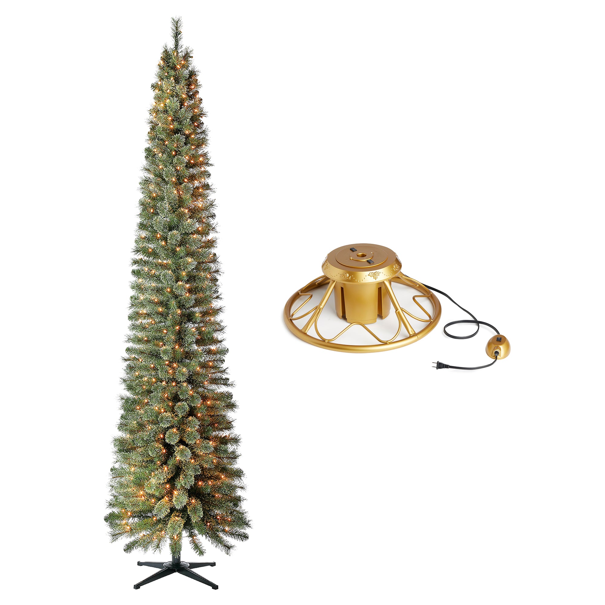 Home Heritage Rotating Tree Stand Base w/Stanley 9' Skinny Pencil Christmas Tree - VMInnovations