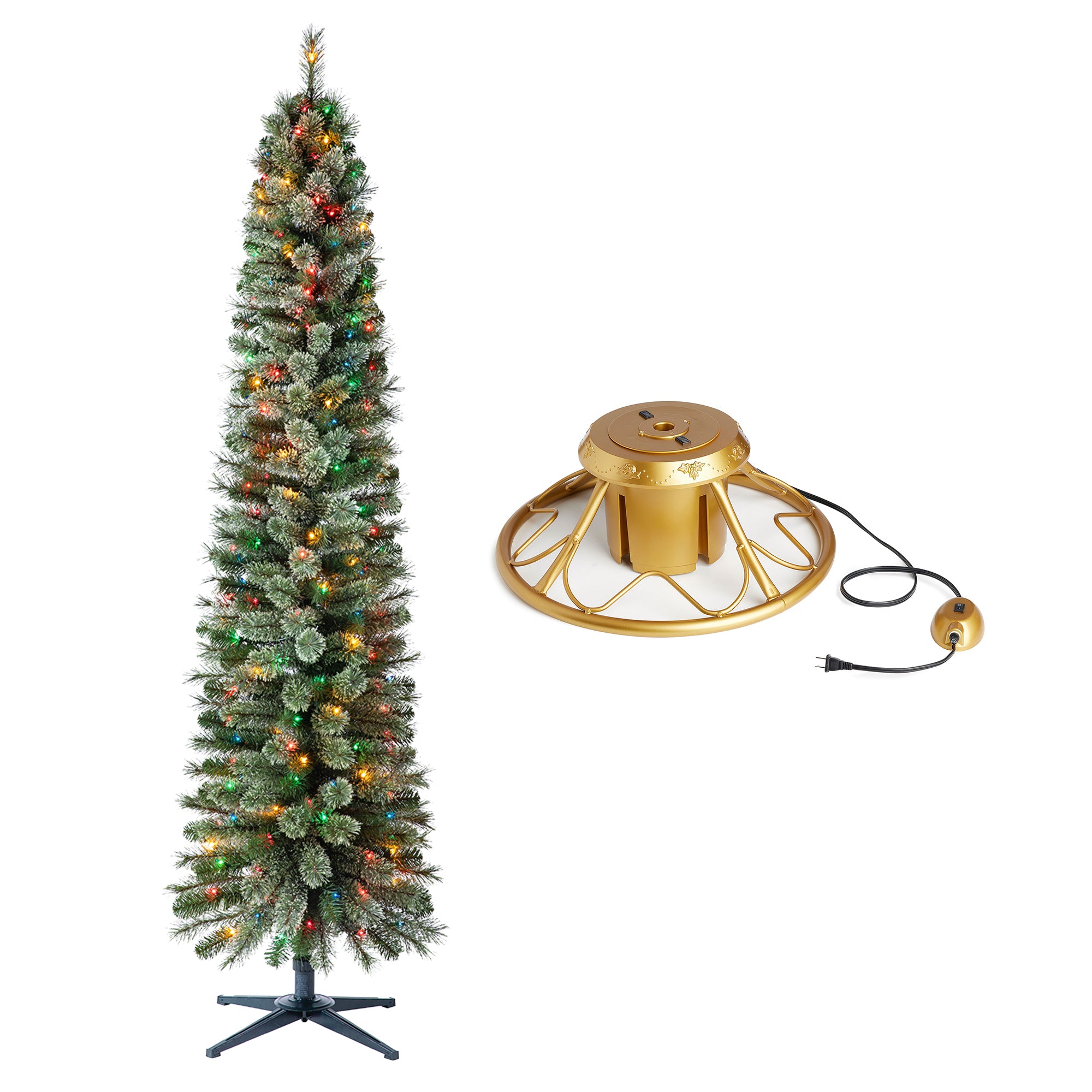 Home Heritage Rotating Tree Stand Base w/Stanley 7' Skinny Pencil Christmas Tree - VMInnovations