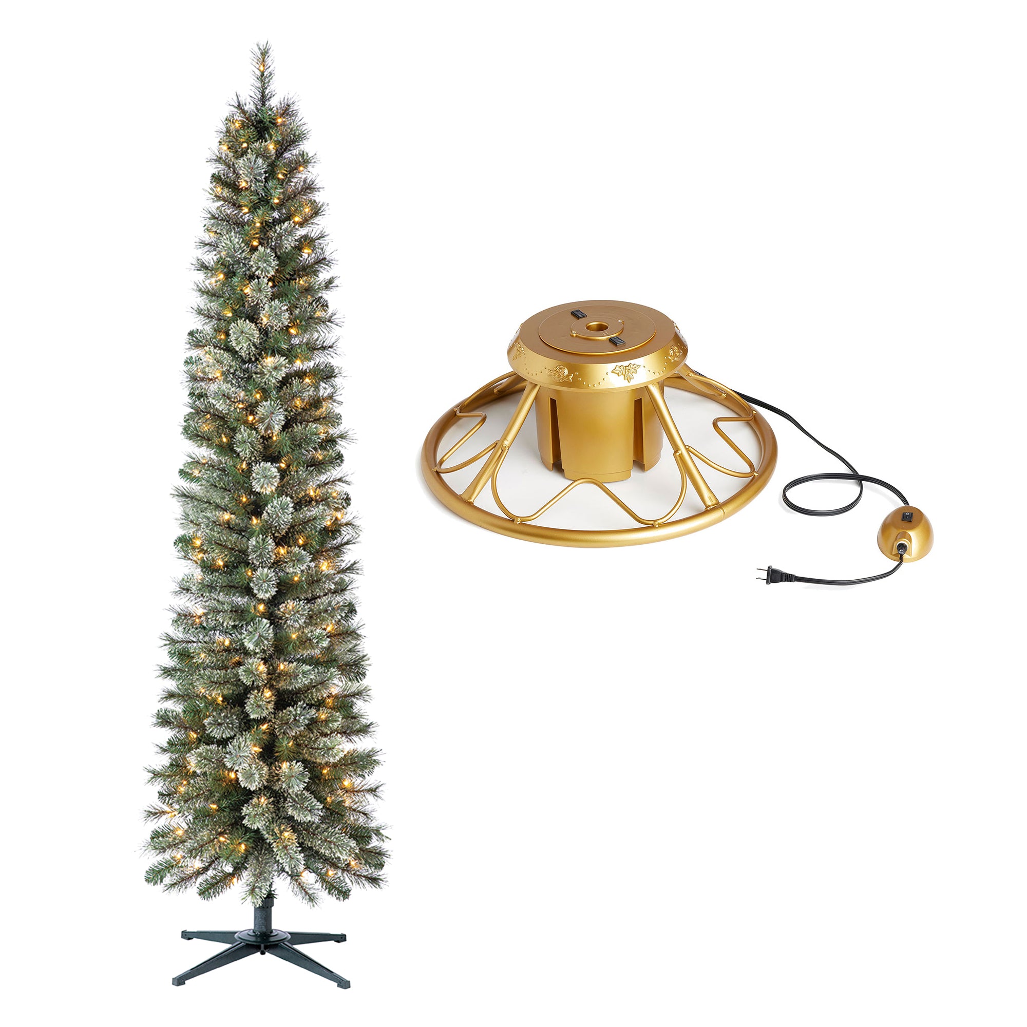 Home Heritage Rotating Tree Stand Base w/Stanley 7' Skinny Pencil Christmas Tree - VMInnovations