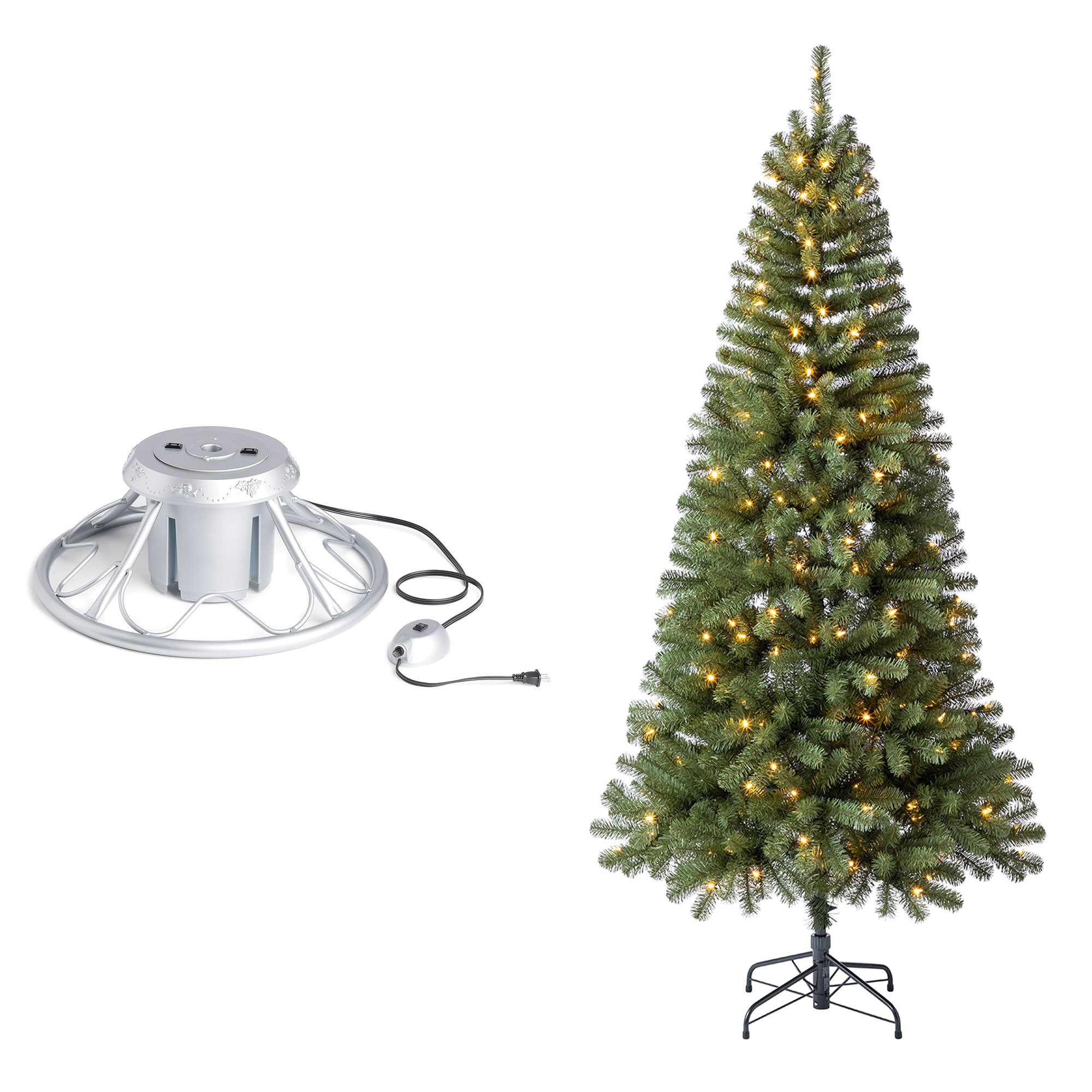 Home Heritage Rotating Tree Stand Base w/7' Brighampton Spruce Christmas Tree
