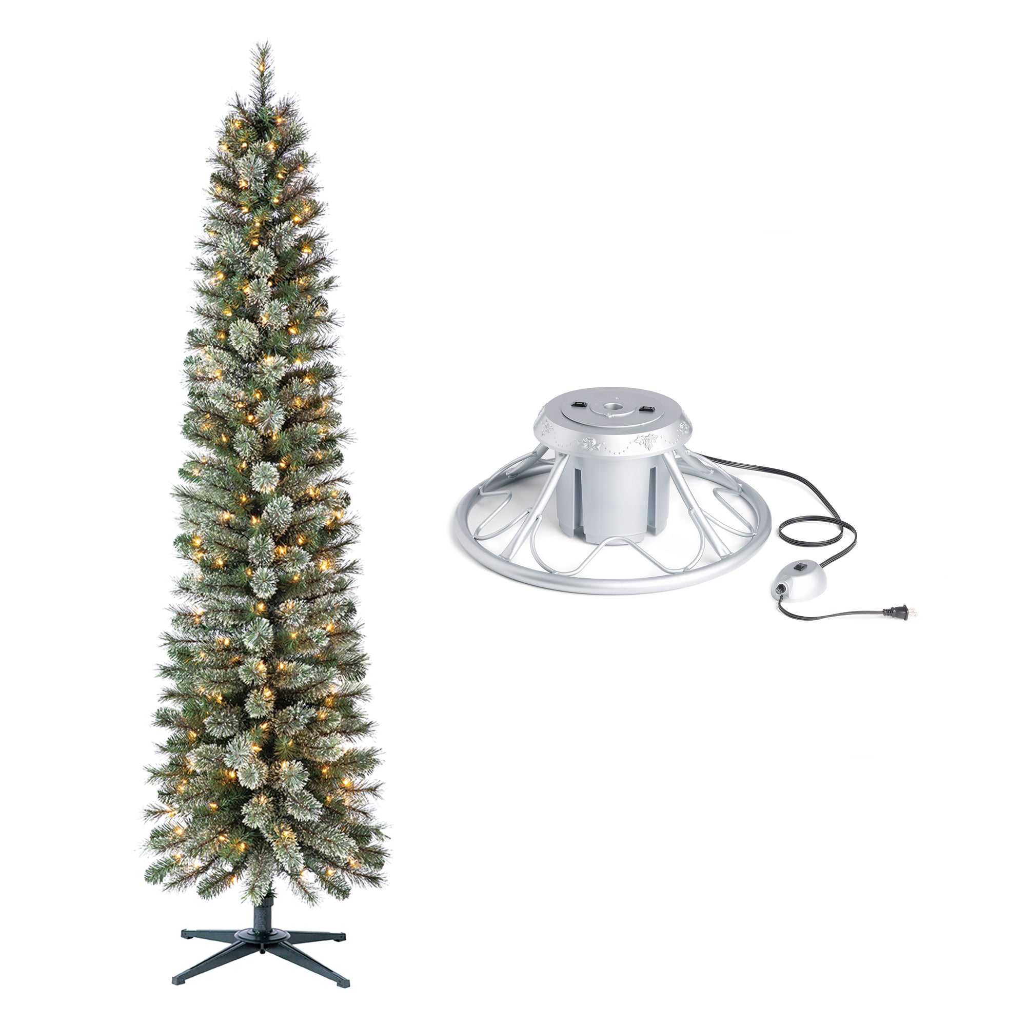 Home Heritage Rotating Tree Stand Base w/Stanley 7' Skinny Pencil Christmas Tree - VMInnovations