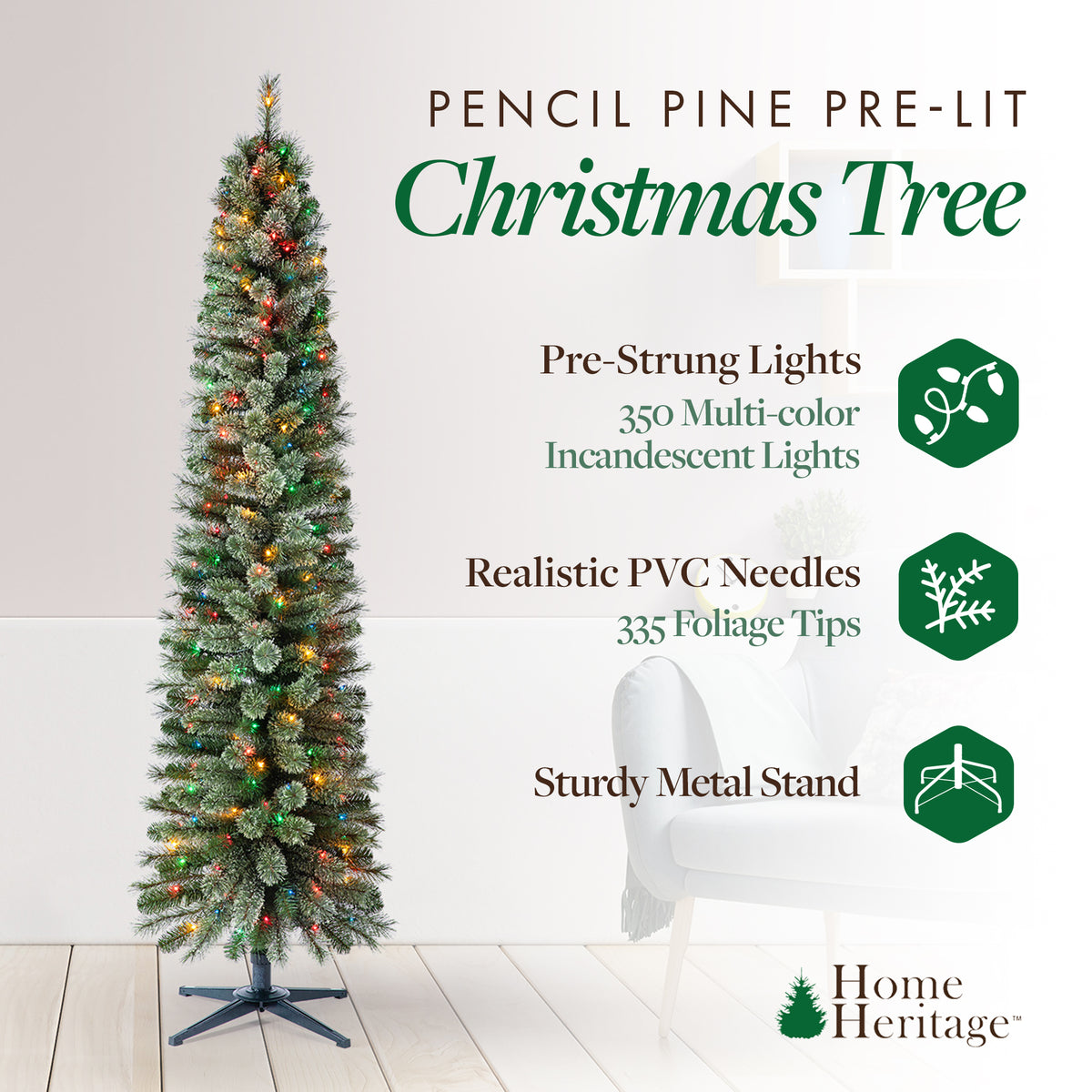Home Heritage Rotating Tree Stand Base w/Stanley 7' Skinny Pencil Christmas Tree