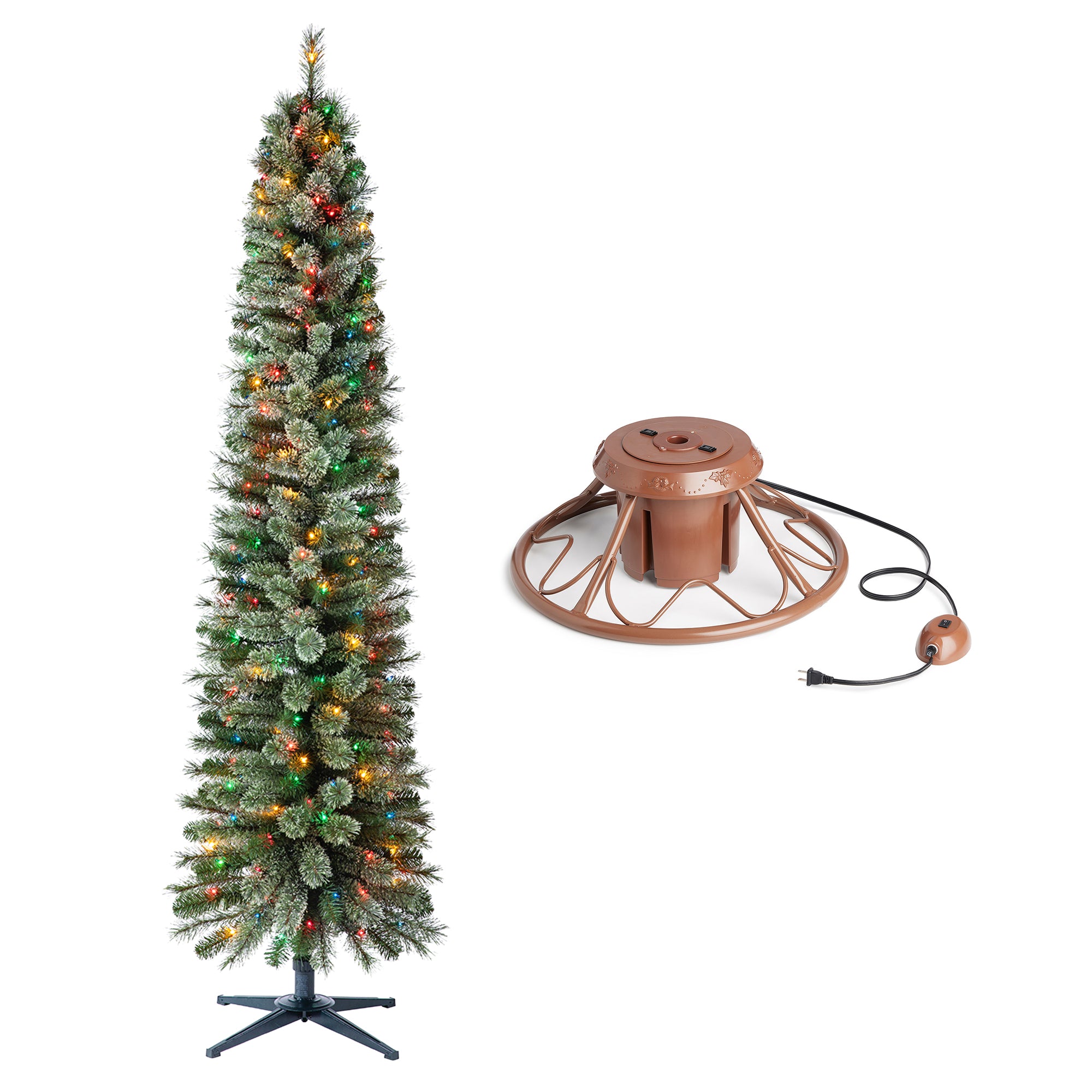 Home Heritage Rotating Tree Stand Base w/Stanley 7' Skinny Pencil Christmas Tree - VMInnovations